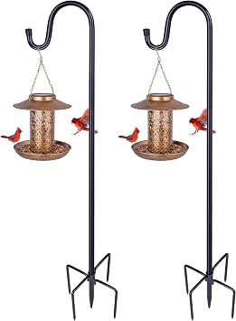Ottsuls 2 Pack 45 inch Adjustable Shepherd Hooks and 2 Pack Solar Bird Feeder for Outdoors Hanging Brown