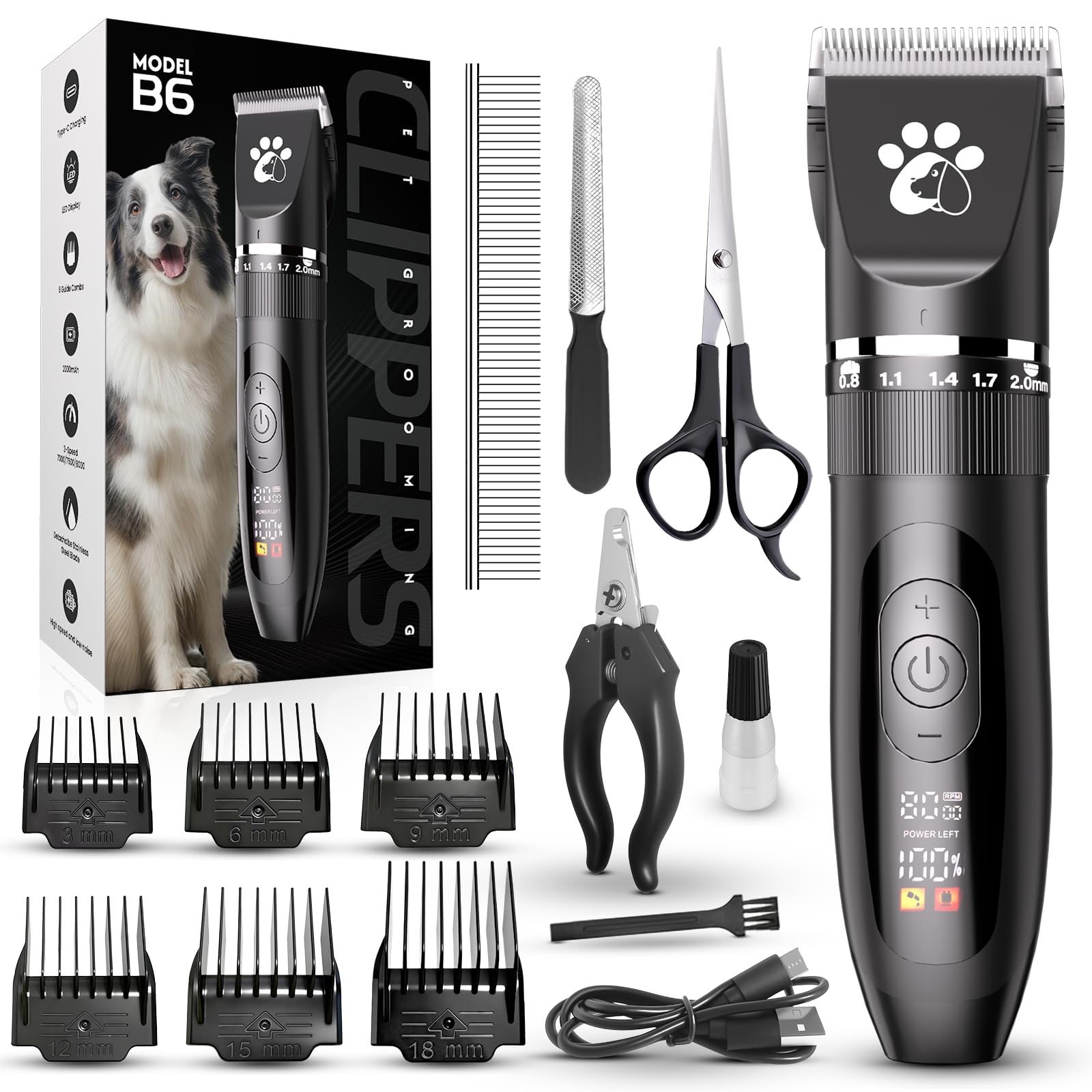 Dog Clippers for Grooming, 3-Speed Low Noise Cordless Pet Grooming Kits with Ceramic Blades & LED Display for Dogs Cats Full Coat Hair