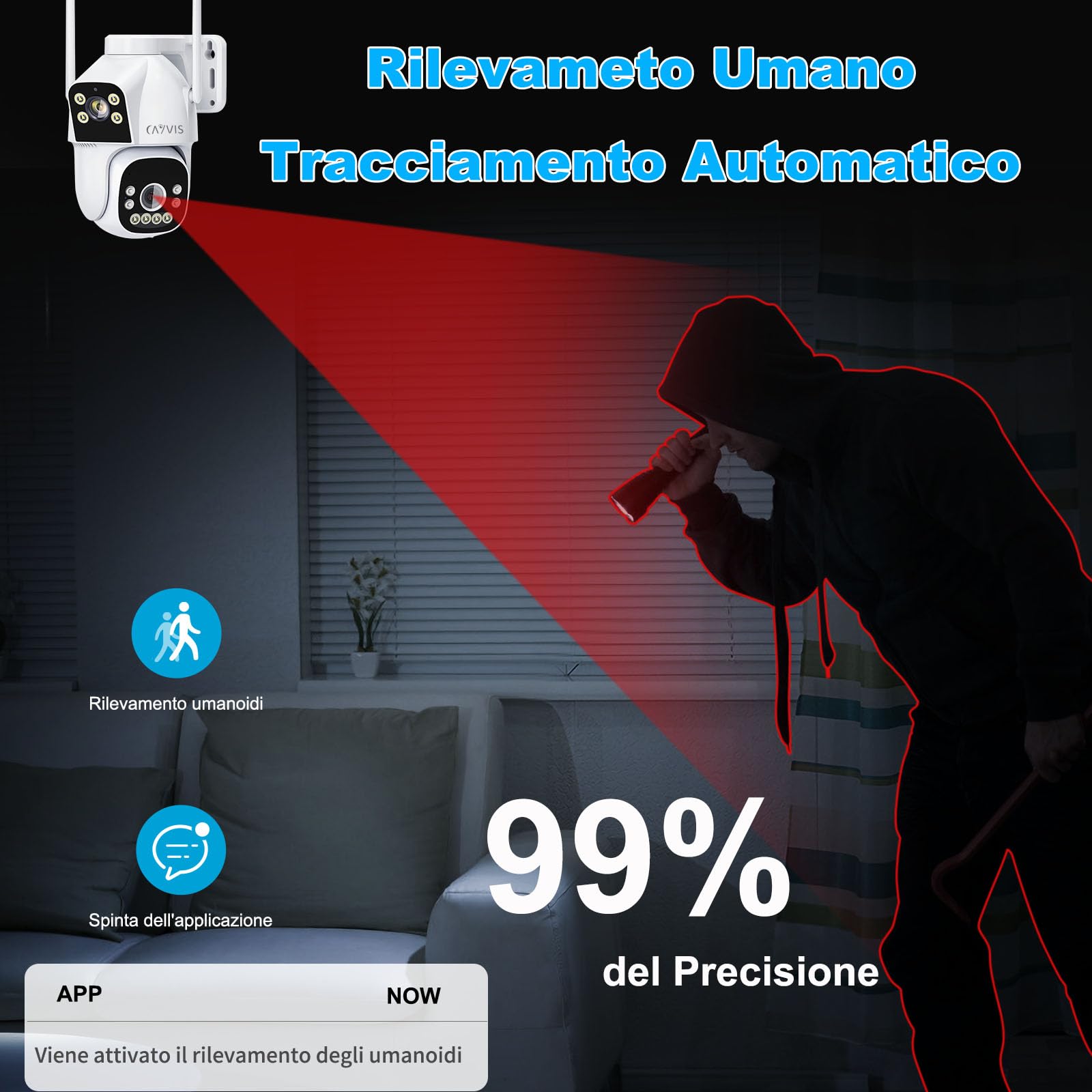 2MP+2MP Telecamera Wi-Fi Esterno, 2.4GHZ/5GHZ PTZ Videocamera Sorveglianza Esterno con Doppia Lente,FHD Tracciamento Automatico, Visione Notturna a Colori, Audio Bidirezionale, IP66 (Bianco)