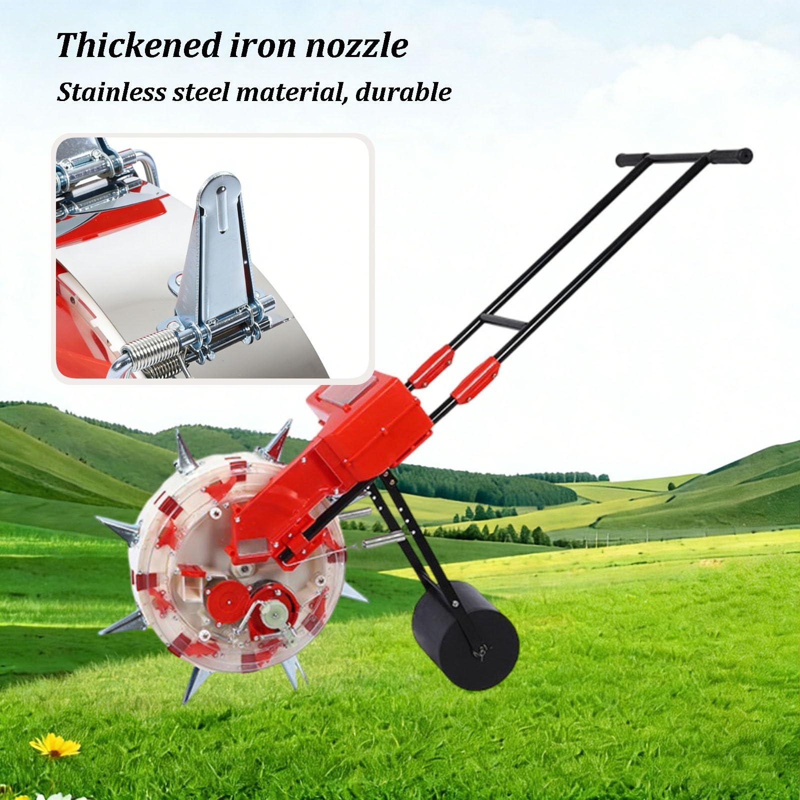Seminatrice Manuale A Spinta con Ruota, Seminatrice di Precisione per Orto con Beccuccio A Forma di Becco D'Anatra E Spazzola, profondità di Semina Regolabile, per Soia(7 nozzles)