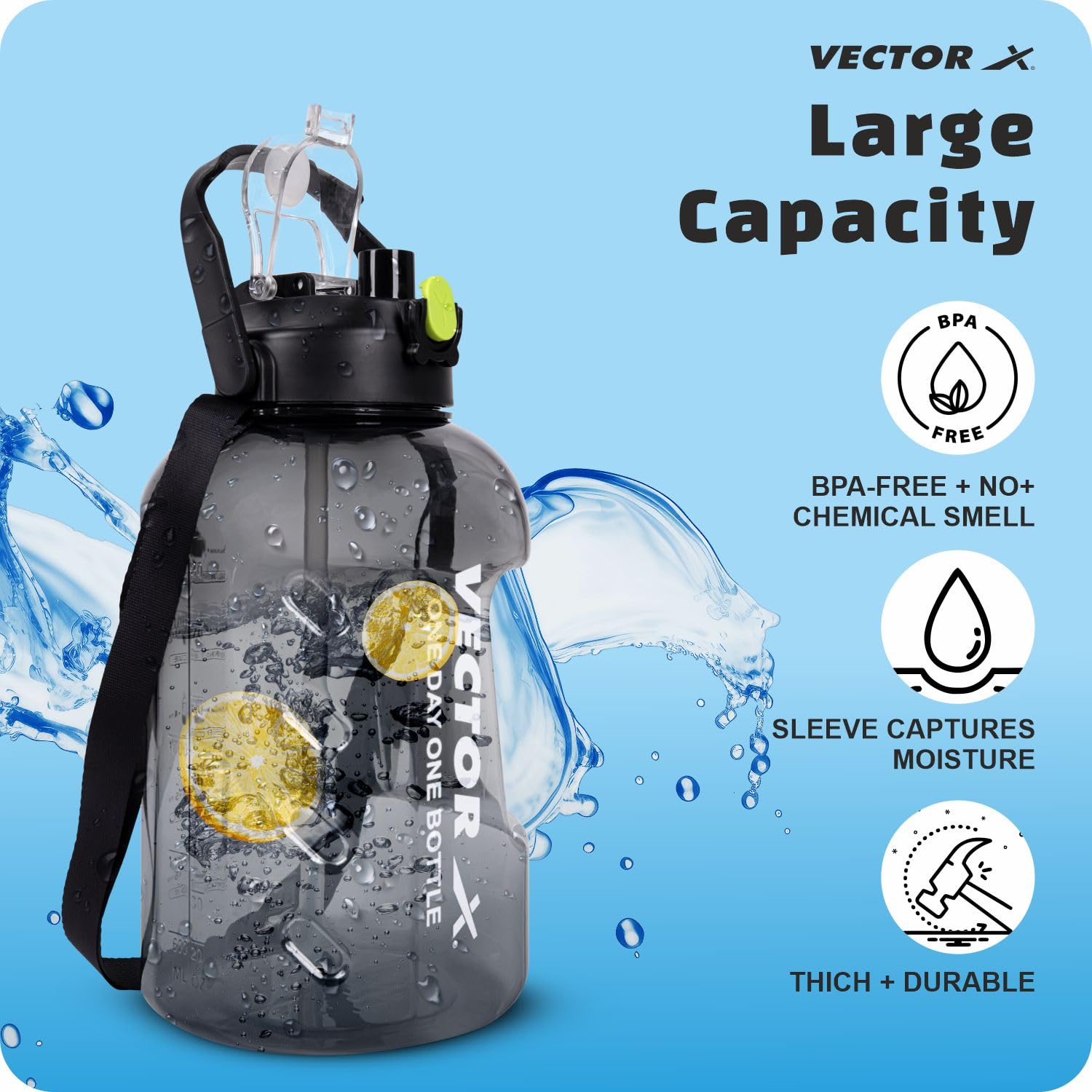 Vector X 3 LTR Capacity Gym Gallon Plastic Water Bottle with Carry Handle|For Man Sports Fitness Outdoor Activity|Large 3 L Reusable Water Jug BPA-Free, Unbreakable, Freezer Safe (Black) 1