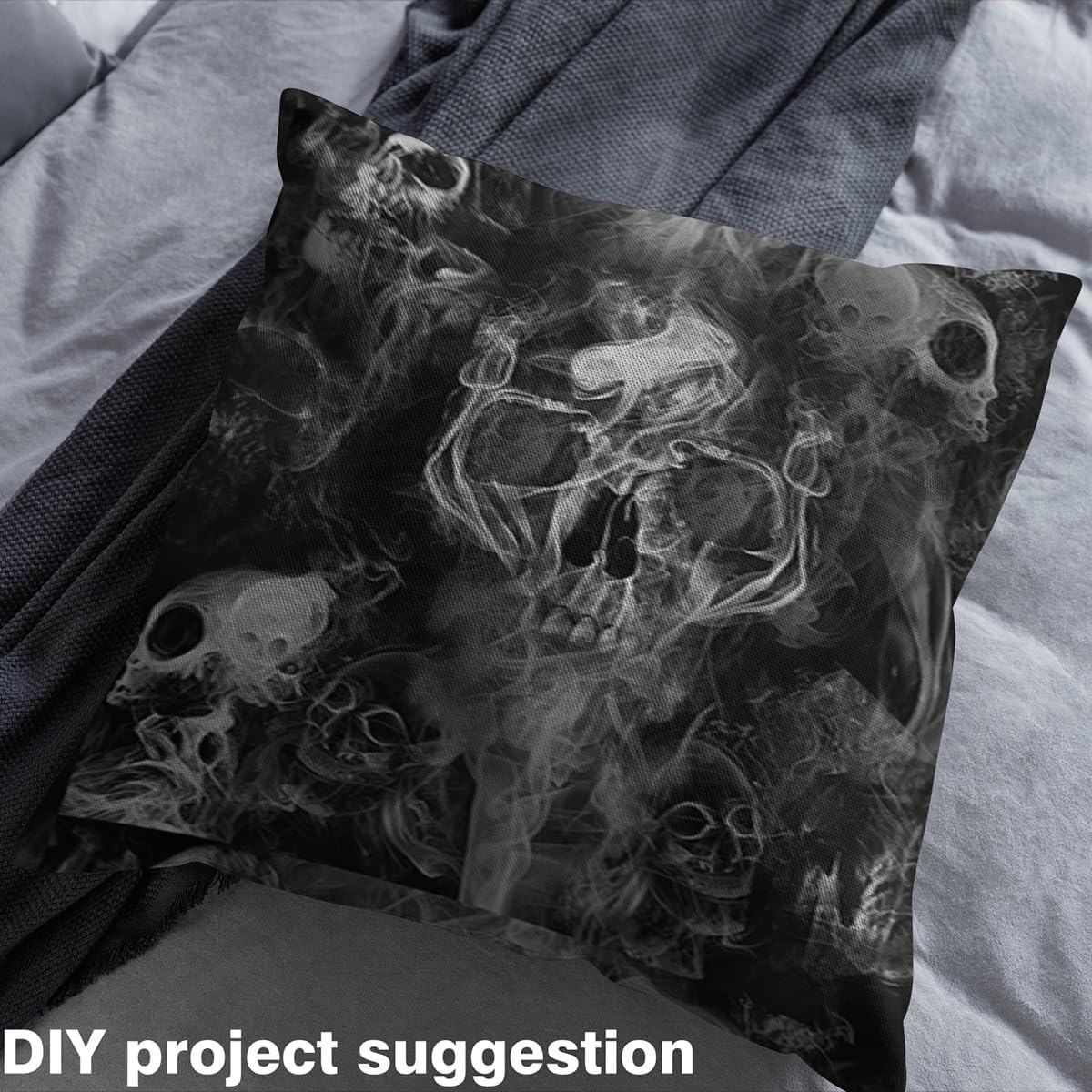 Erosebridal Skeleton Decorative Fabric by The Yard, Black Gray Smoky Skull Waterproof Outdoor Fabric, DIY Halloween Material Upholstery Decor for Chairs Gothic Style Decor for Kids Adults, 3 Yards