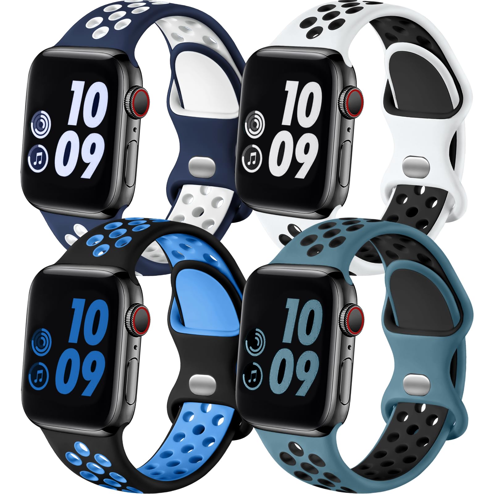 Adorve Sport Silicone Replacement Strap for Apple Watch, Breathable & Lightweight, Suitable for Men and Women, Blue/White/Black/Green