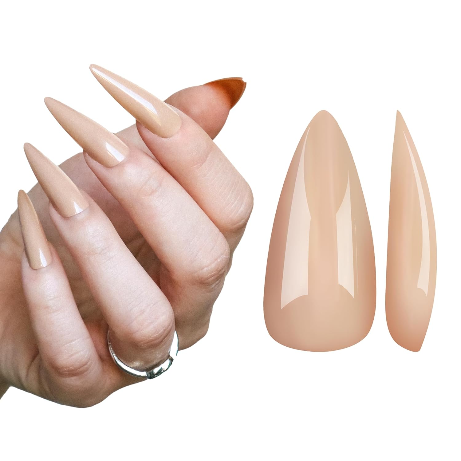 allkem press on nails - nude glossy extra long sculpted stiletto 2 set bundle | 10 sizes - 20 pcs false nails full cover nail kit with glue nude stiletto