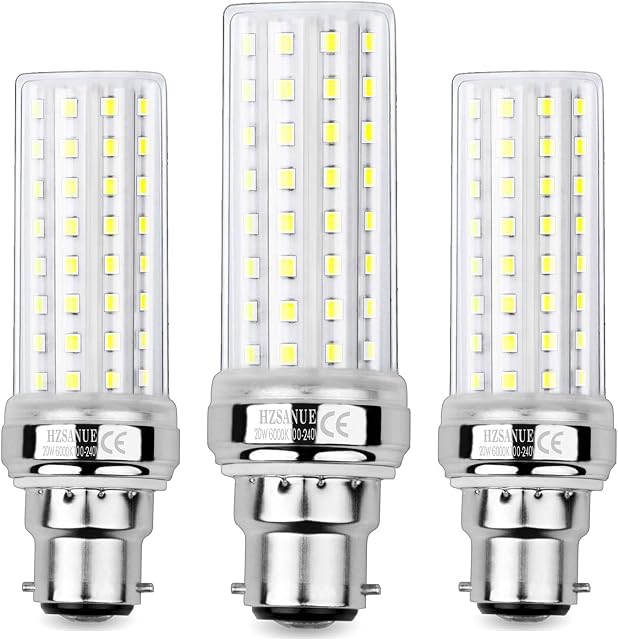 HZSANUE LED Corn Bulbs 20W, 150W Incandescent Bulbs Equivalent, 2300Lm, 6000K Daylight White, B22 Bayonet Cap, Pack of 3