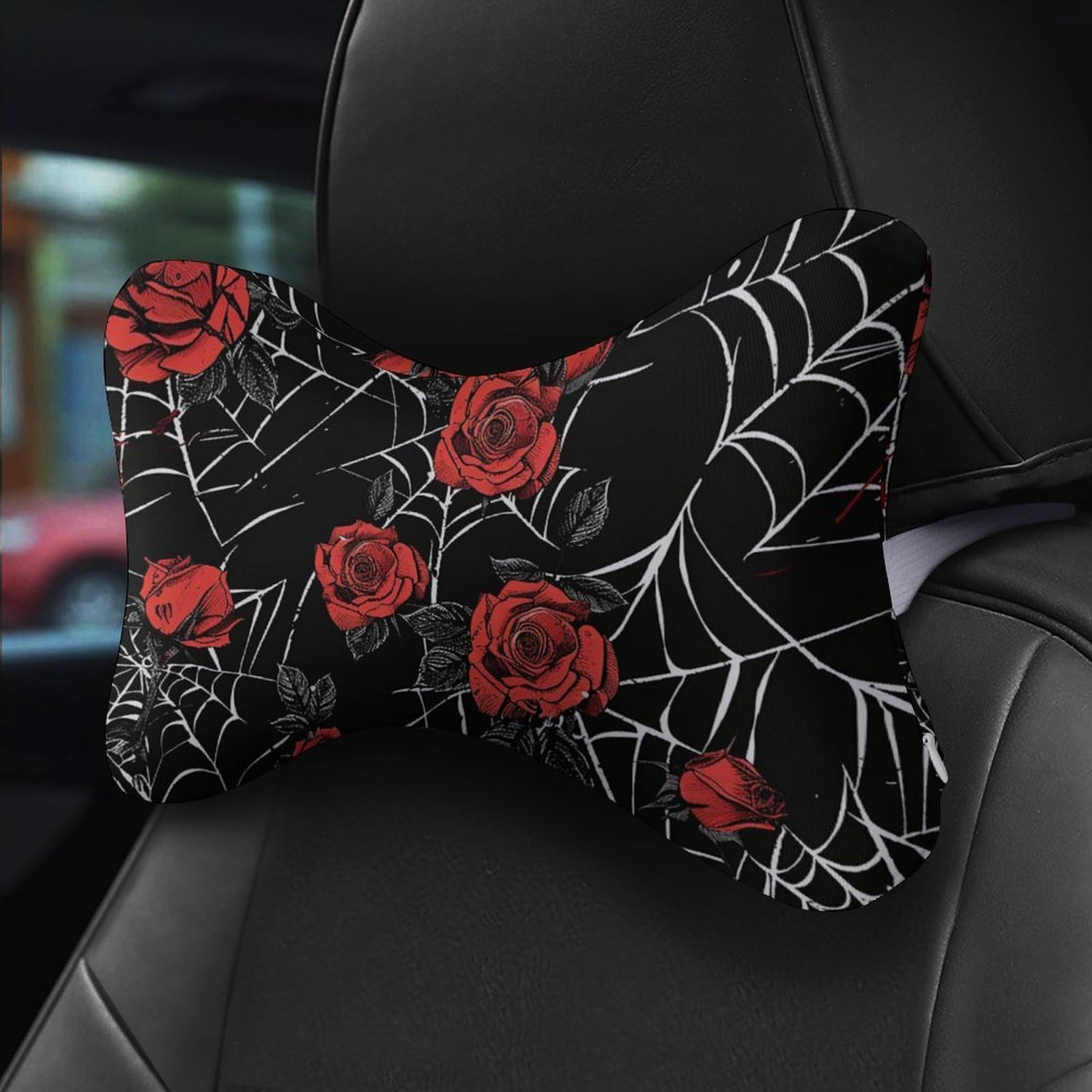 SMAZDFXX Spider Web Cobwebs Red Rose Car Neck Pillow Set of 2 Car Seat Head Support Cushion Bone Pillows with Elastic Strap