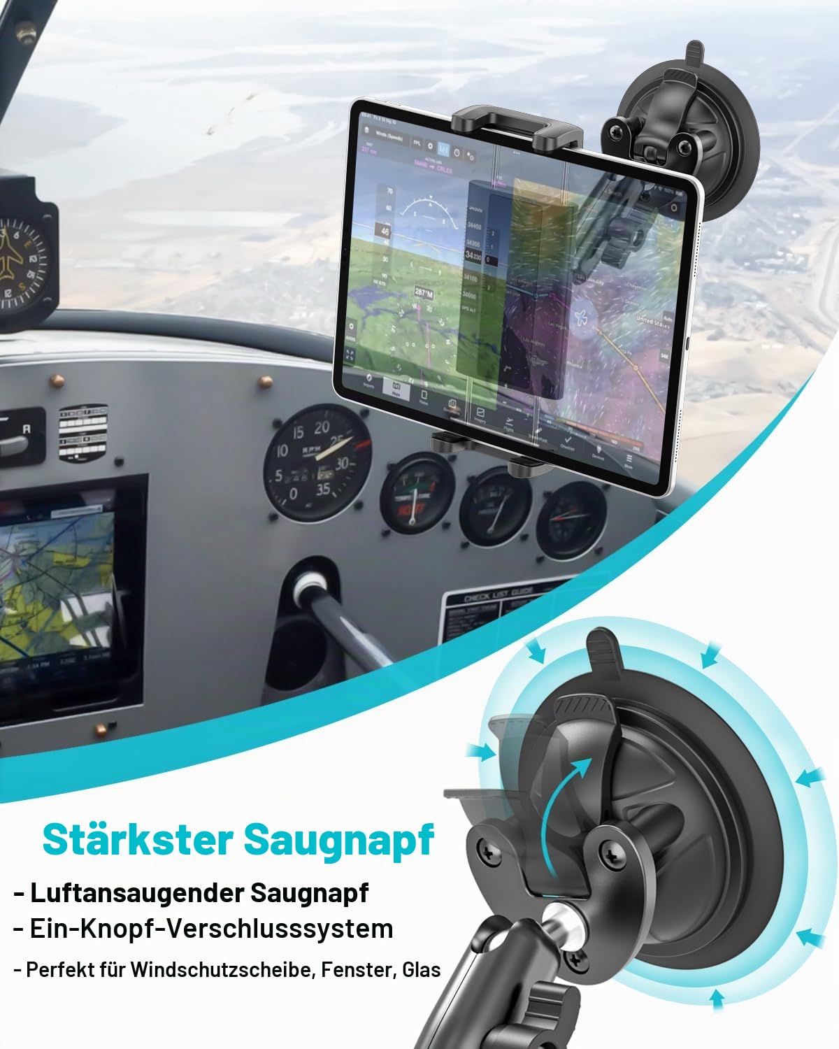 TabletHalterung Piloten, [Starker Vakuum Saugnapf] Tablet Halter Flugzeugcockpit mit Metallarm, Flugzeug WindschutzscheibeHalterung für iPad mini Air, iPad Pro 12.9 11, Tab, iPhone,4-13" Geräte