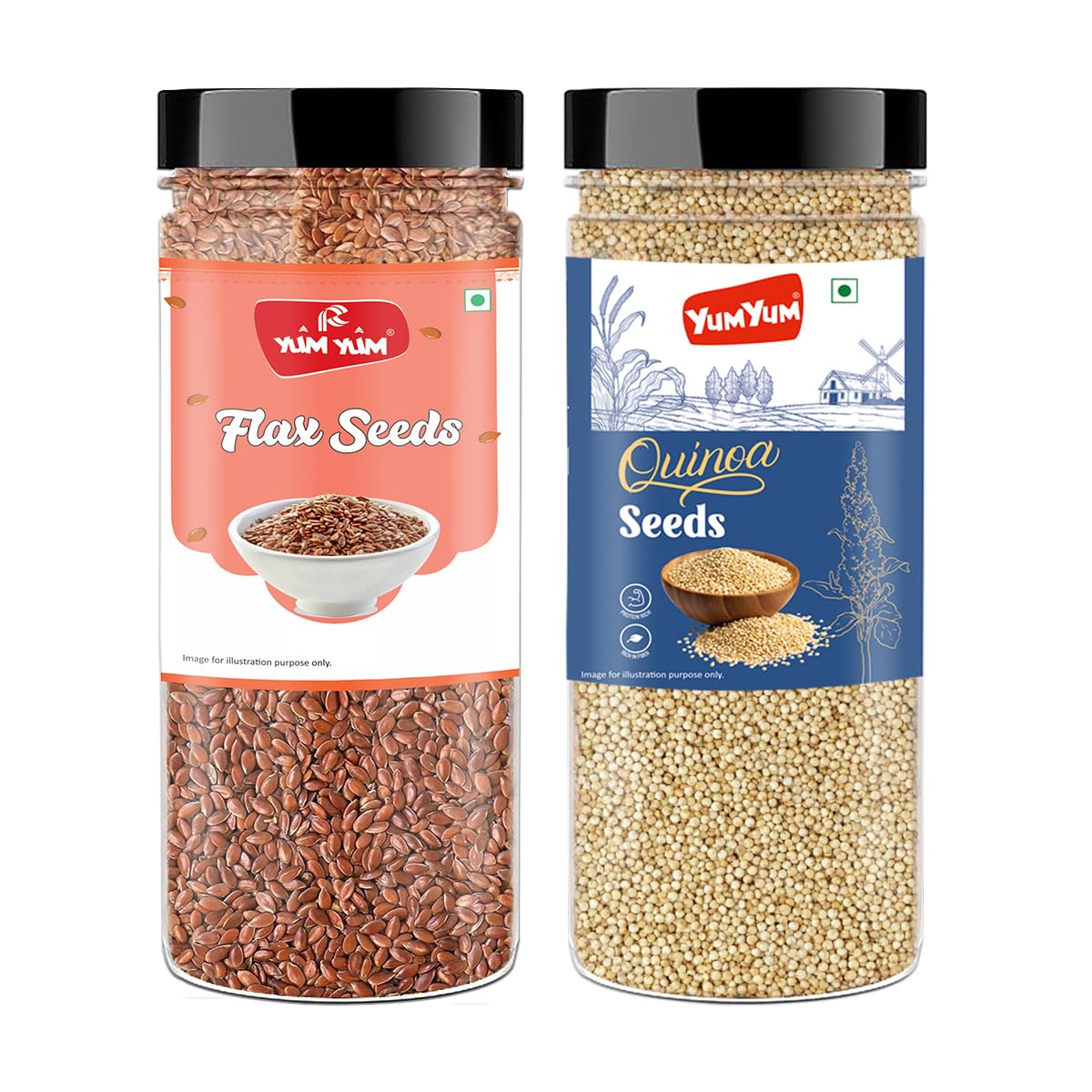 Yum Yum Premium Nutrient-rich Combo - Roasted Flax Seeds & Quinoa Seeds - 200g Jars for Healthy Living
