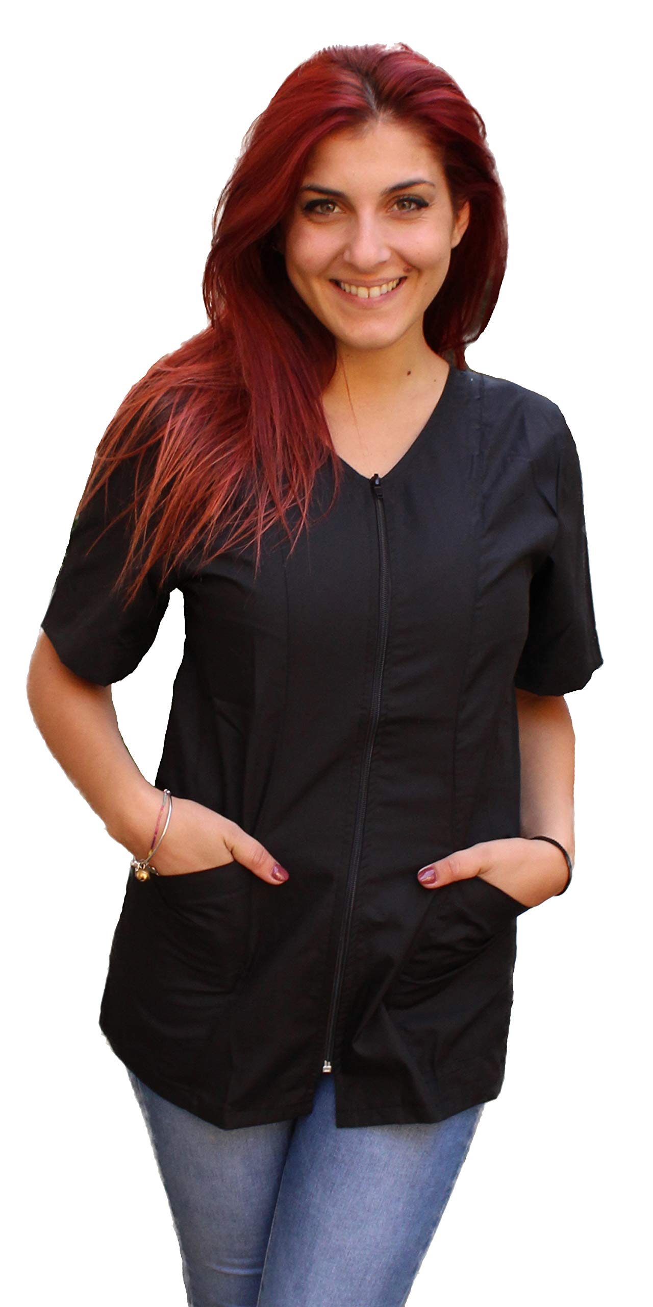 Petersabitidalavoro Chemisier d'esthéticienne, coiffeur, cuir, travail, femme, avec fermeture éclair, noir, Noir , Medium