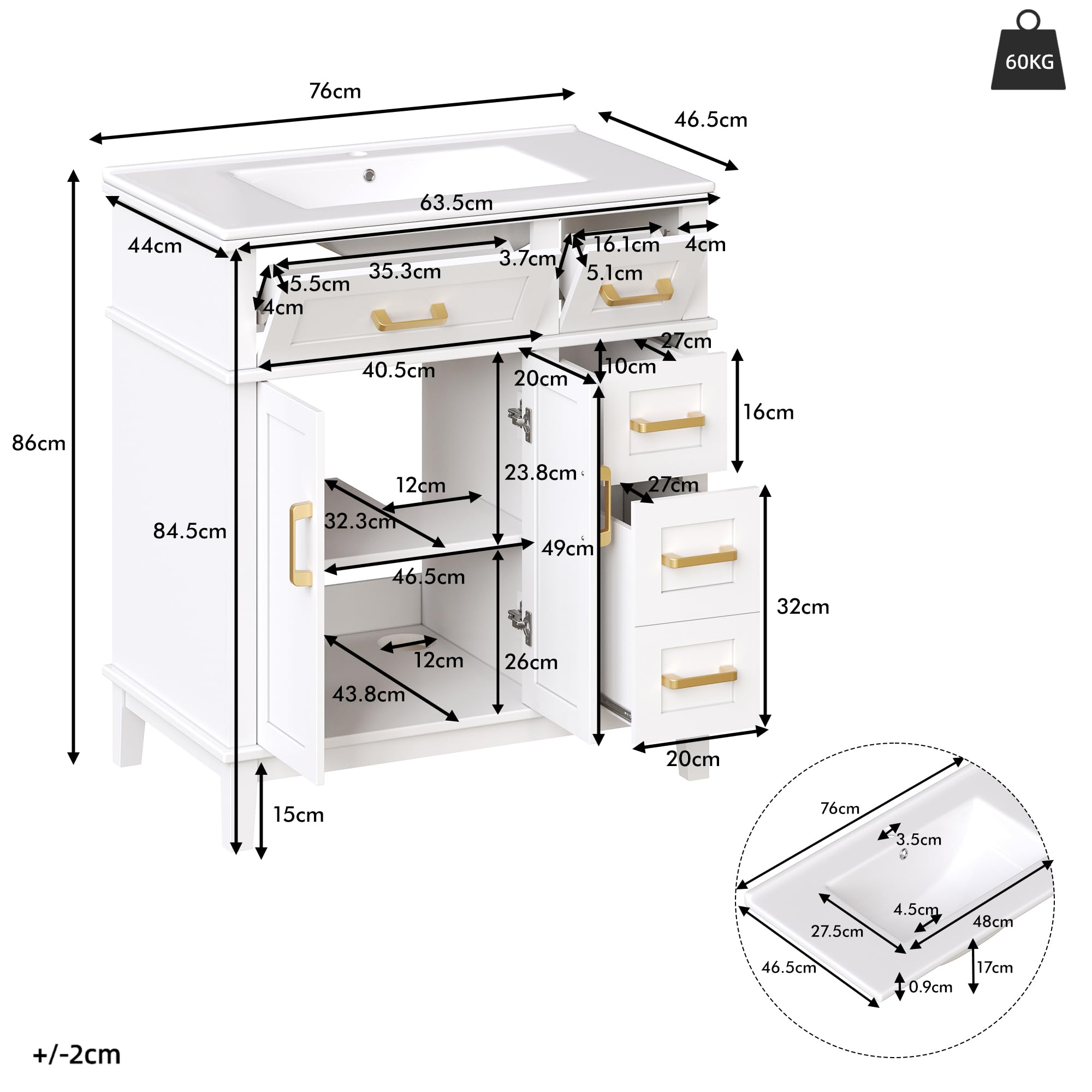 Mueble de baño con lavabo de cerámica moderno con gran capacidad de almacenamiento, cajones de cierre suave, protección contra desbordamiento, color blanco