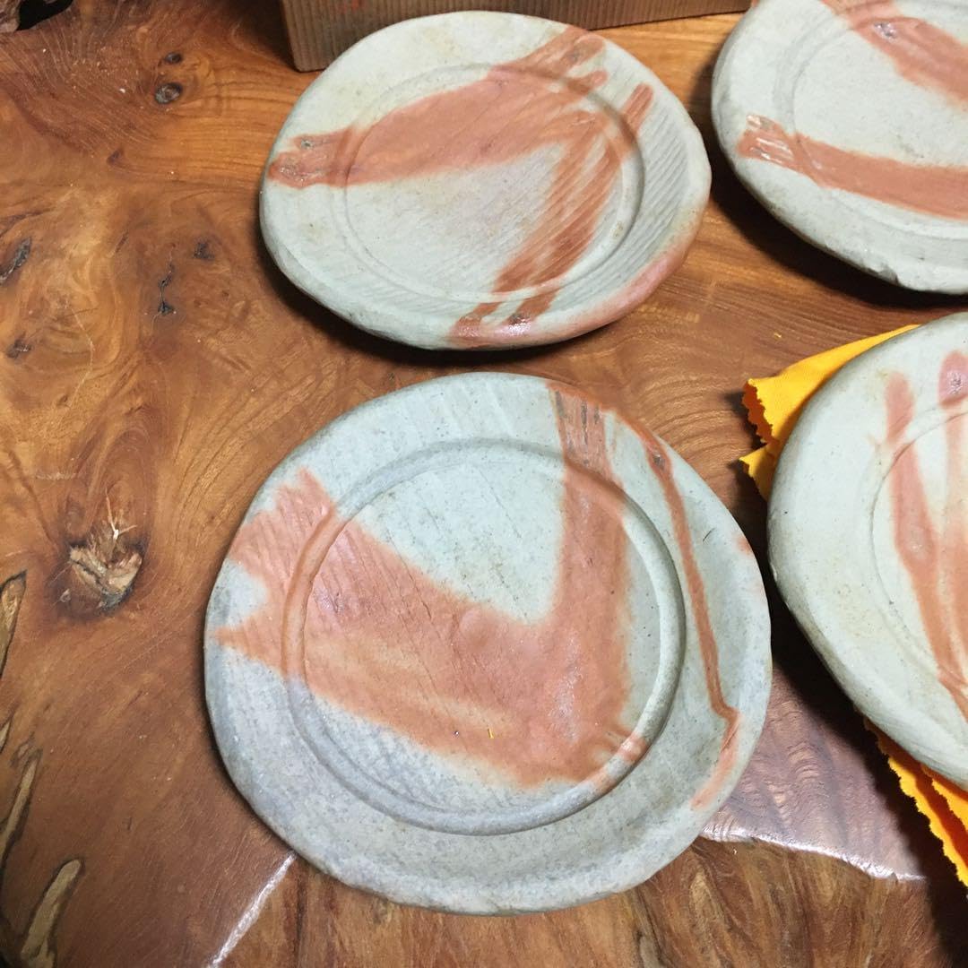 備前焼 緋襷 たたき皿 タタキ皿 5客揃 共箱 共布 ※海外発送