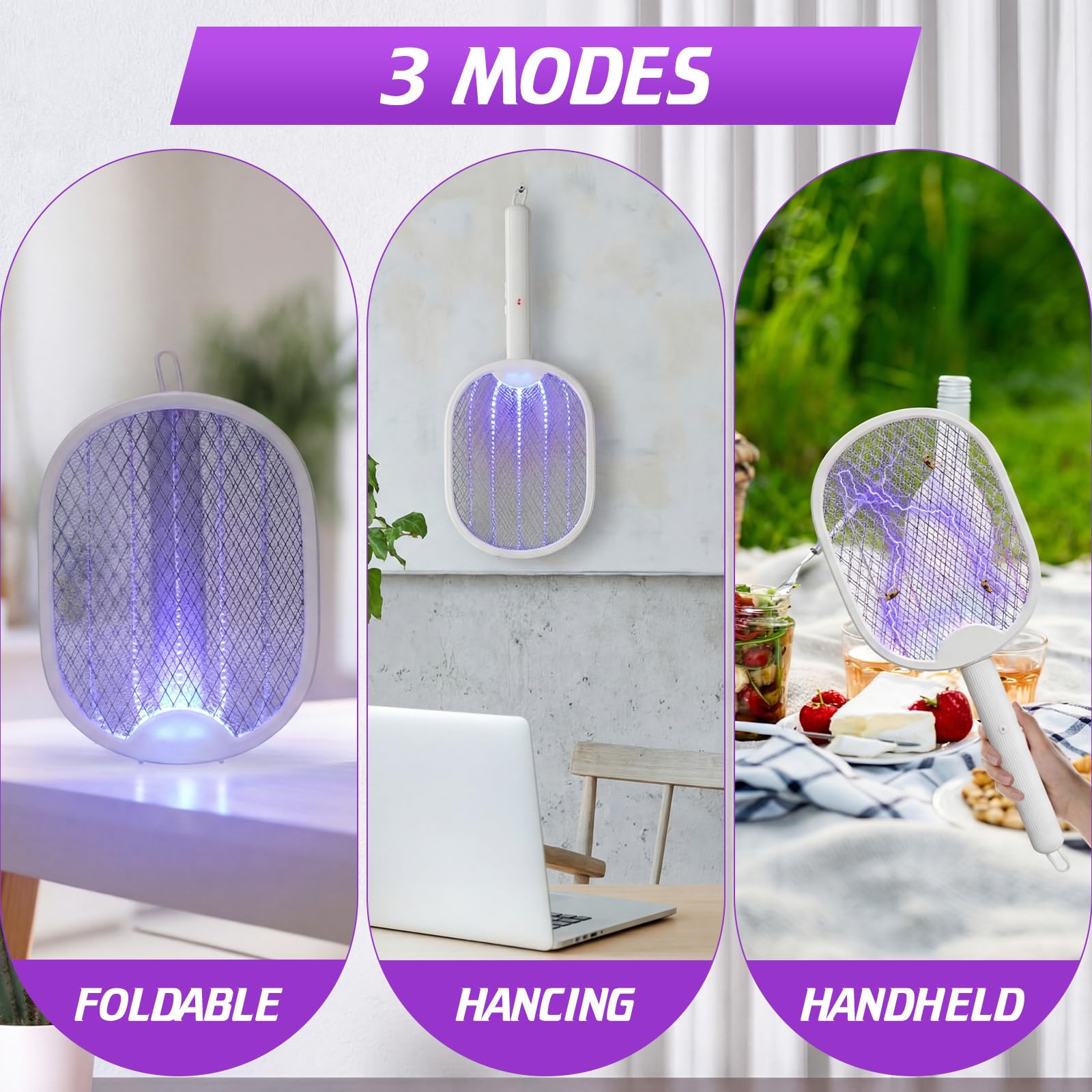4 raquetas matamoscas eléctricas 2 en 1, raqueta matamoscas eléctrica recargable por USB, plegable, matamosquitos eléctrica con malla de seguridad de 3 capas y batería recargable de 1200 mAh