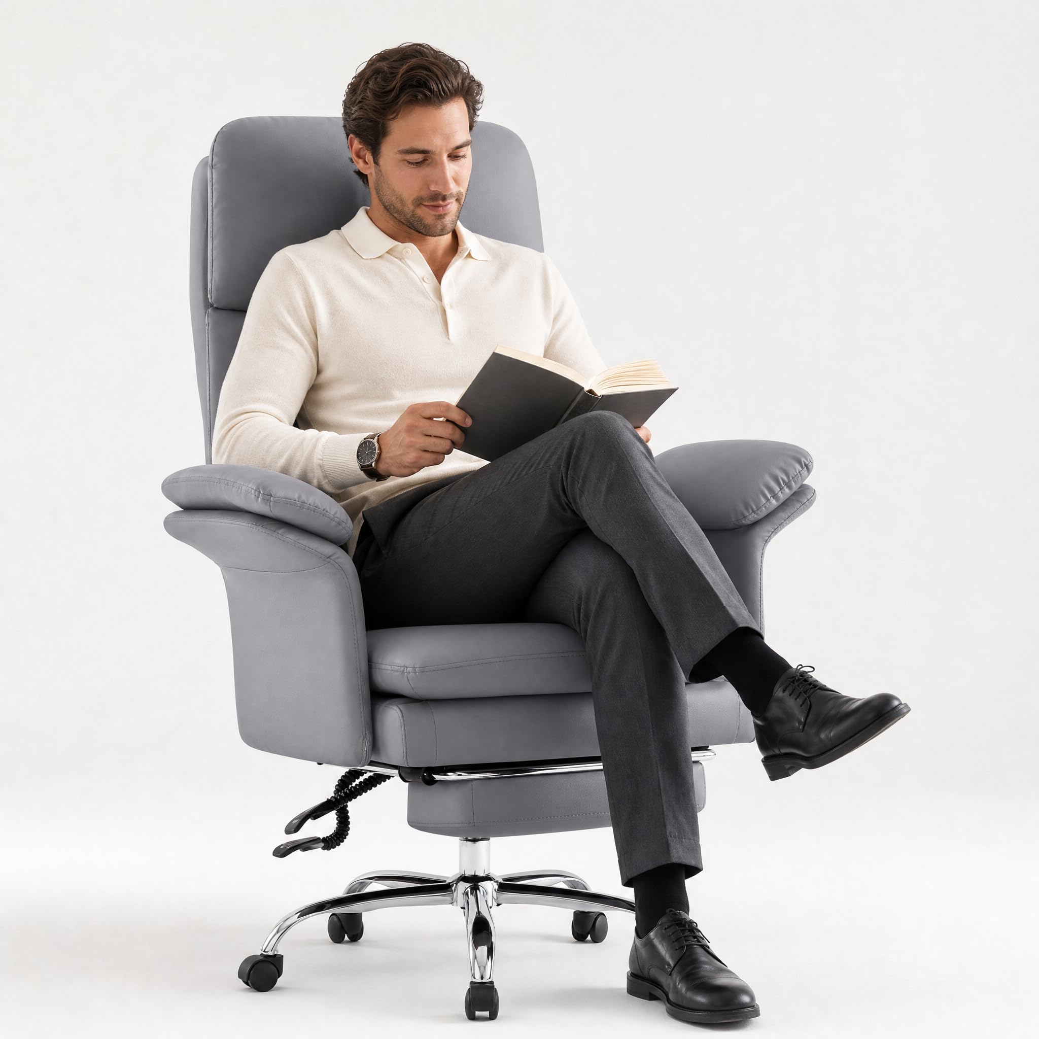 Hellove Bürostuhl mit Fußstütze & Lordosenstütze – Ergonomischer Chefsessel 135° Neigung, Feste Armlehnen, PU-Leder, Höhenverstellbar bis 200 kg für Homeoffice, Grau