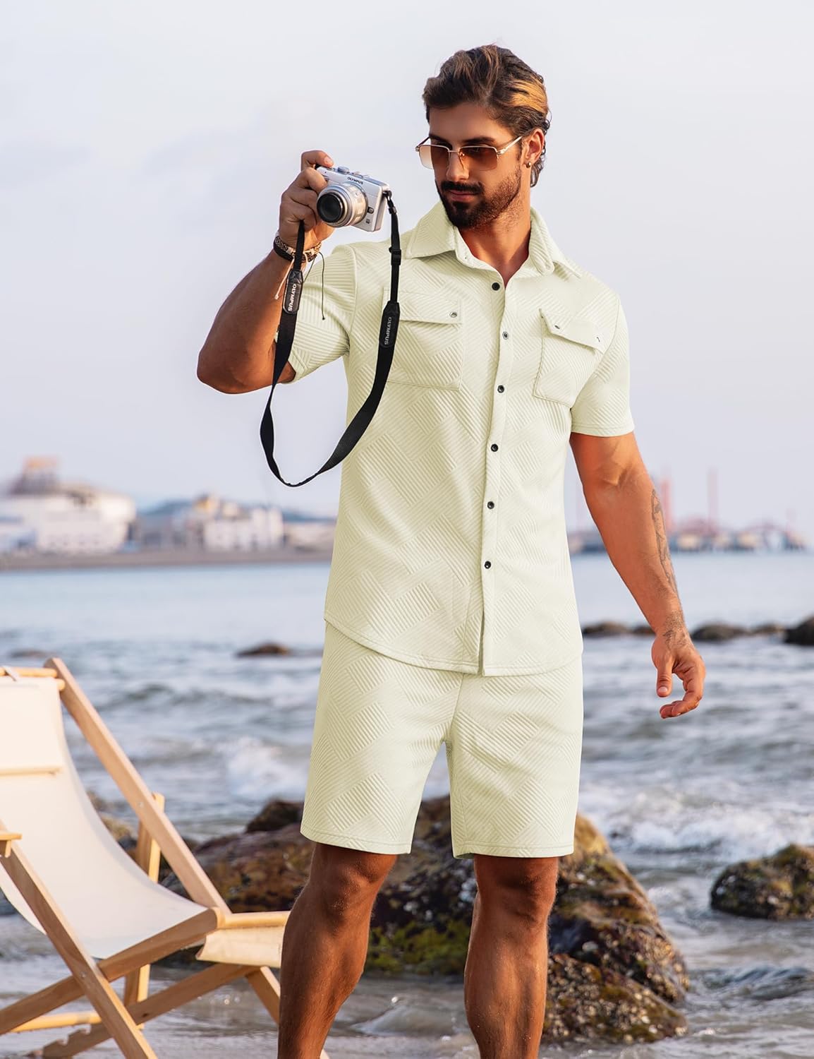 URRU Mens 2 Piece Summer Beach Outfits Textured Short Sets Casual Short Sleeve Button Down Matching Shirt and Shorts Set - Image 3