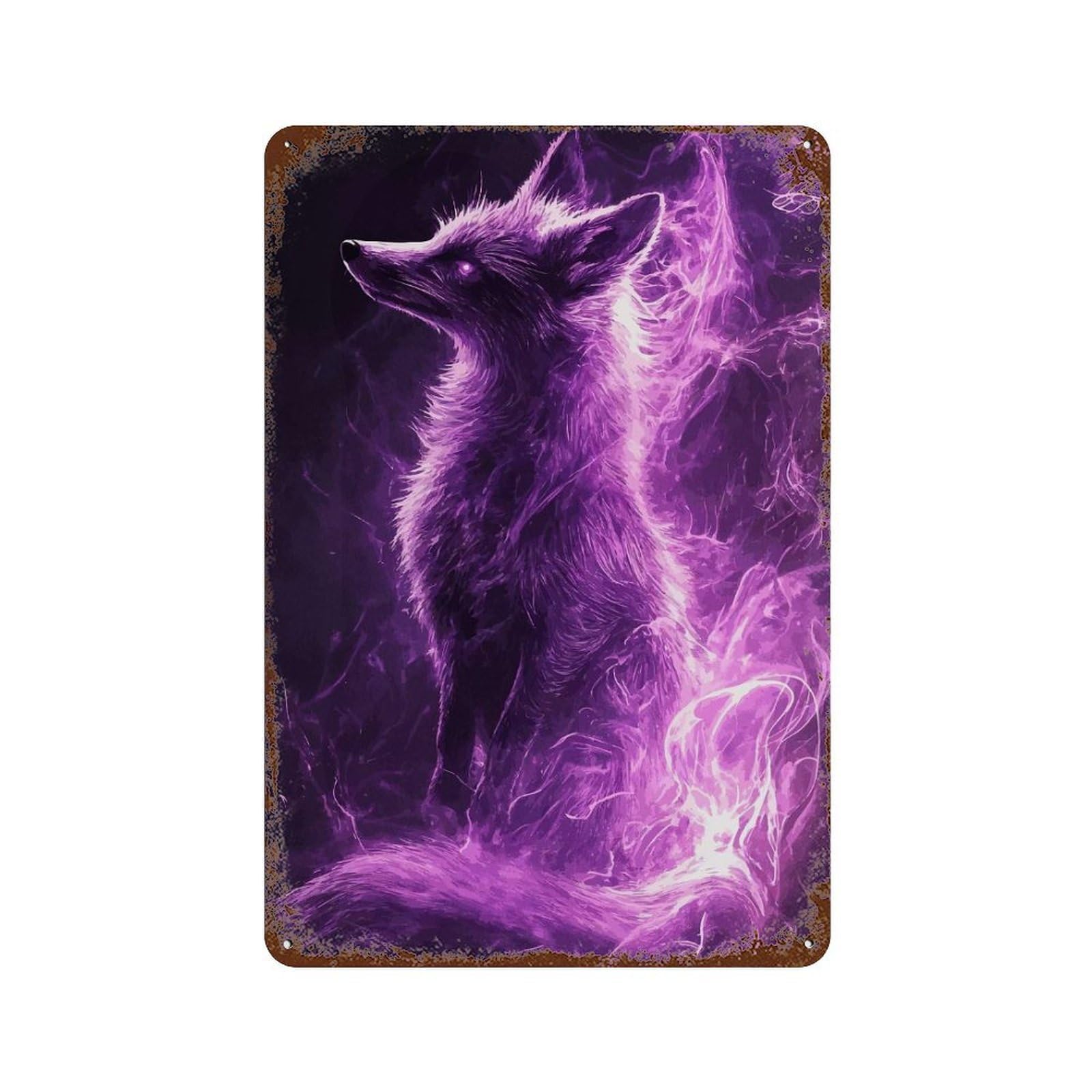 Purple Fire Fox Distressed Metal Wall Sign 11.8"x7.9", Rustic Home Decor for Living Room, Hallway And Home Decor