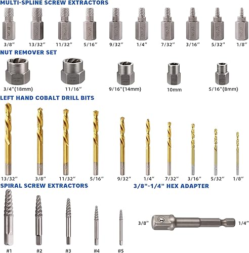 Miniatura 5 de XJX Juego de 31 brocas extractoras de tornillos y pernos, extractores de tornillos multiestrías CR-MO, juego de extractor de tornillos en espiral