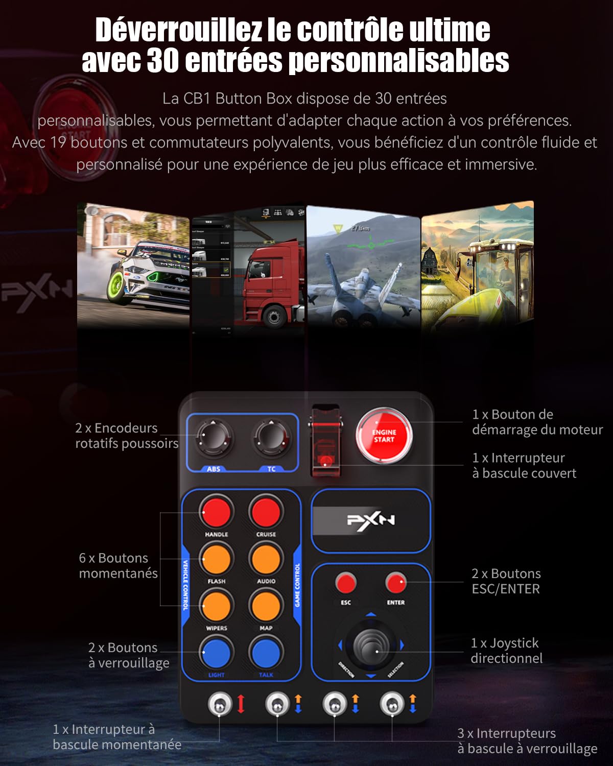 PXN CB1 Boîtier de Boutons - Panneau Latéral de Volant, Controller Auxiliaire ETS2 - Pour PC | +19 Boutons Assignables, RGB, USB | Button Box pour Simulateur de Camion, Course, Vol et Agricoles | Pour jeux simu racing, camion, vol, ferme