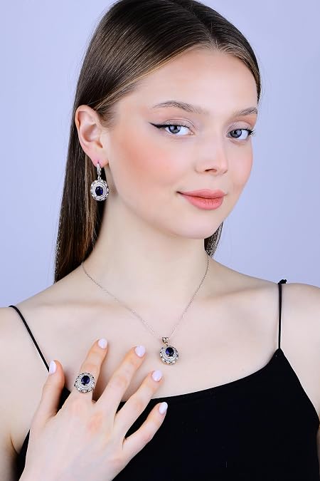 Sapphire Silver Jewelry Set, Authentic Jewelry Set, Ottoman Empire Design Jewelry, Turkish Handmade Jewelry Set, unique gift Idea