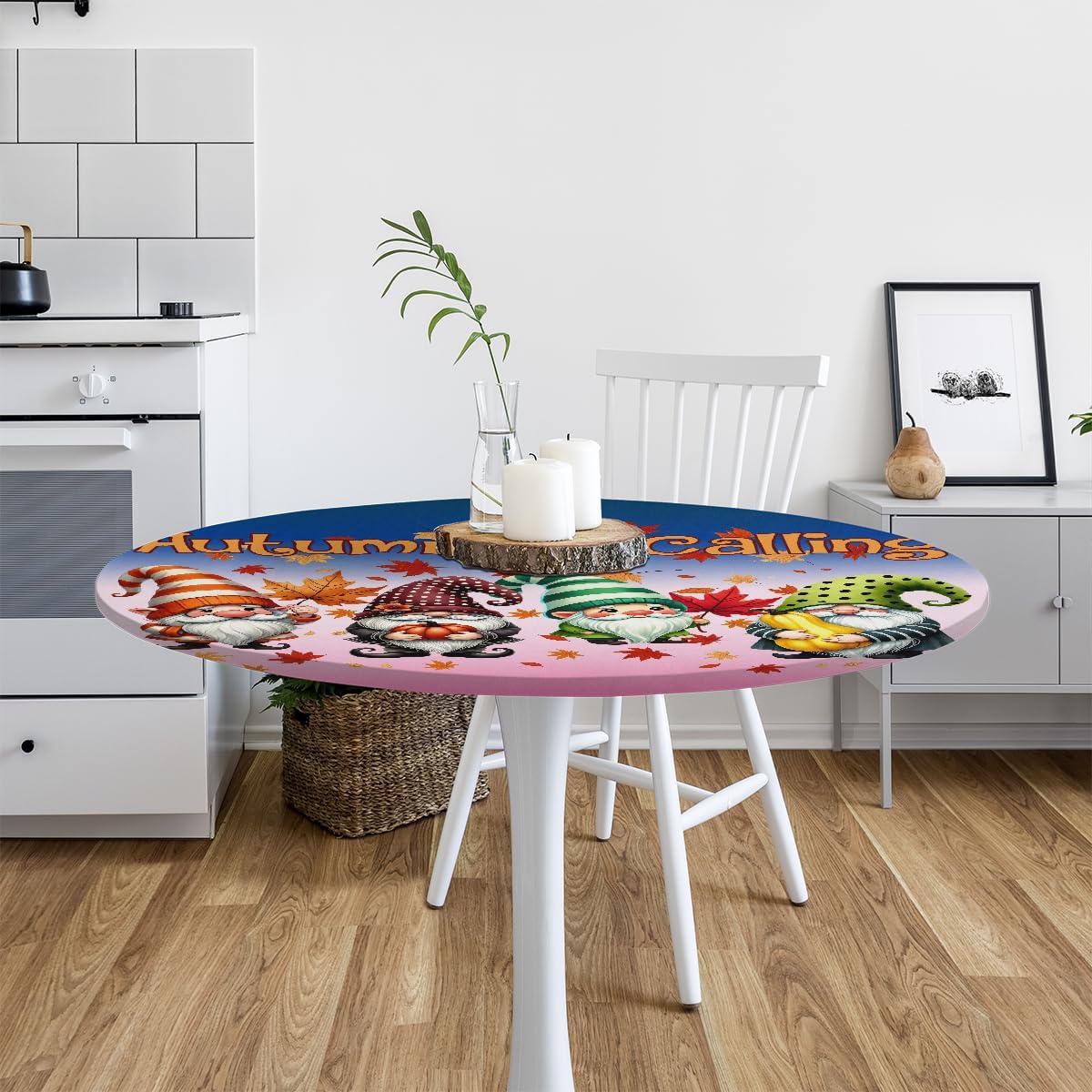 Round Tablecloth with Elastic Edge Gnome Fall Cute Fitted Circle Table Cover wipeable Round Table Cloth for Indoor Outdoor Patio Dining Kitchen Decor for 45-50inch Tables