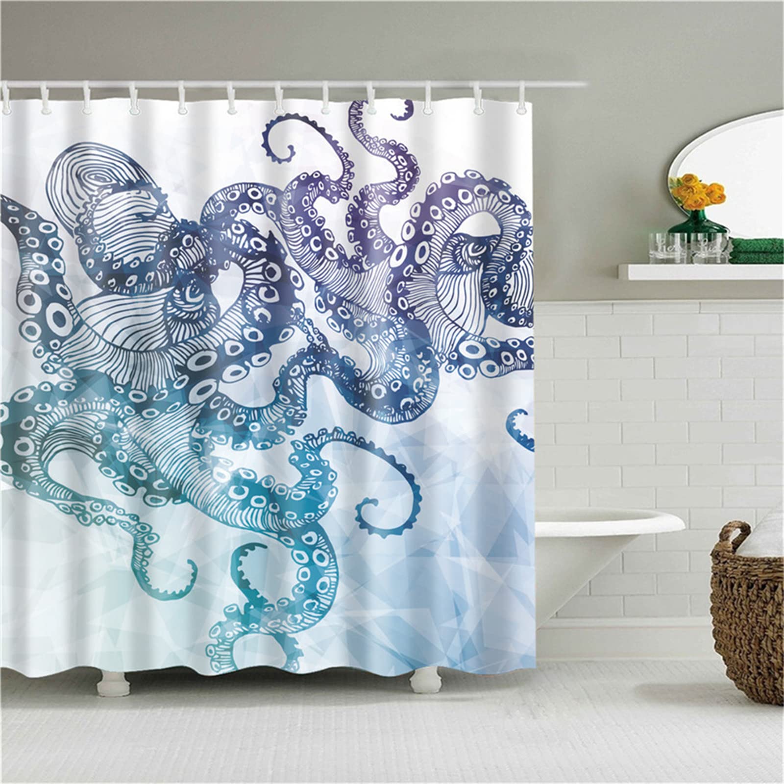 Duschvorhang für Eckdusche und Kleine Badewanne, Bad Vorhang Textil aus Polyester Stoff Schimmelresistent Wasserabweisend und Waschbar, Krake， 240x180cm mit Duschvorhangringen Shower Curtains