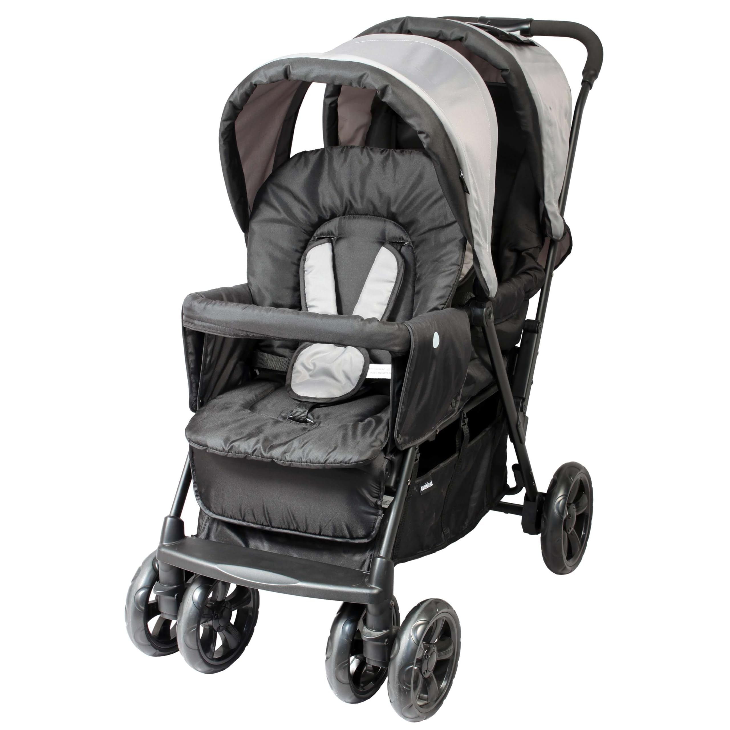 BAMBISOL | Poussette Double Bébé & Nouveau-Né | Siège Allongeable | Pliage 1 Main | Habillage Pluie Inclus | Dossiers Réglables, Harnais 5 Points | Grand Panier | Légère & Compacte | Gris Noir