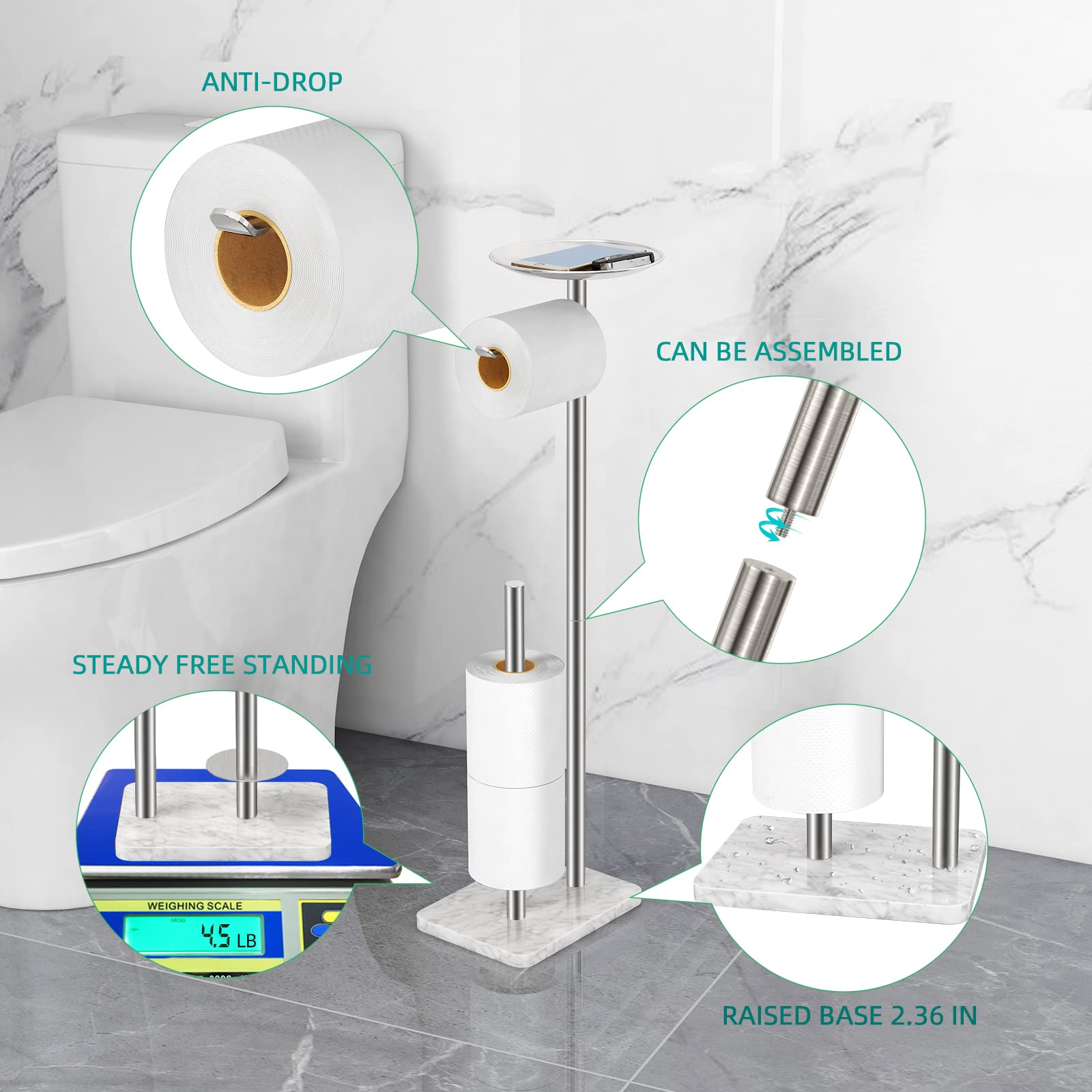 FEILERN Toilet Paper Holder Stand for Bathroom Floor Standing Toilet Roll Dispenser Storages 4 Reserve Rolls, with Top Storage Shelf for Cell Phones, Wipe, Wallet and More(Marble Brush Nickel)