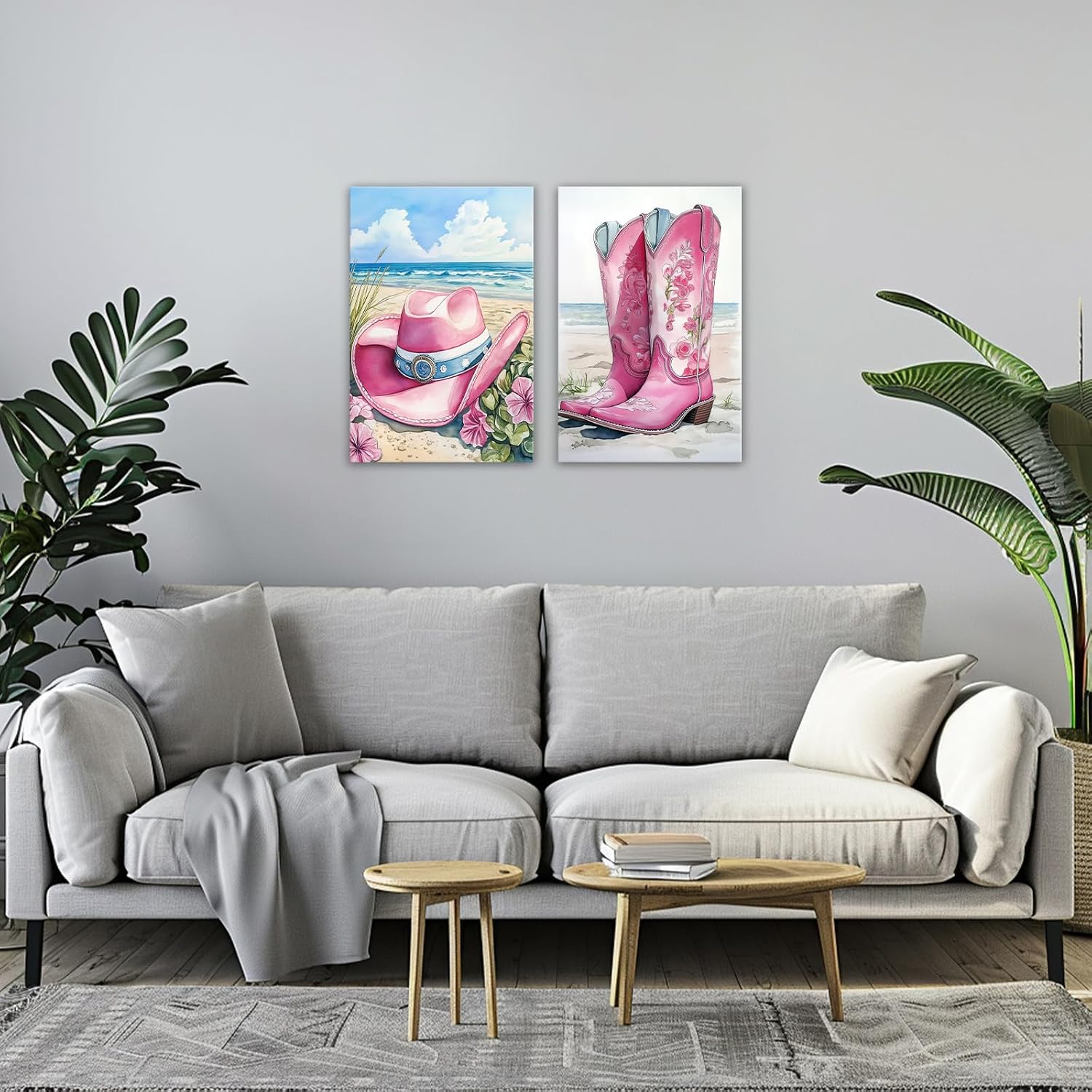 GLOKAKA Pink Cowboy Hat Boots Canvas Wall Art Funky Colorful Decor For Living Room Bedroom Coastal Homes Watercolor Beach Scene Art for Tropical Aesthetic Lovers(Artwork-1,12"x16"x2pcs)