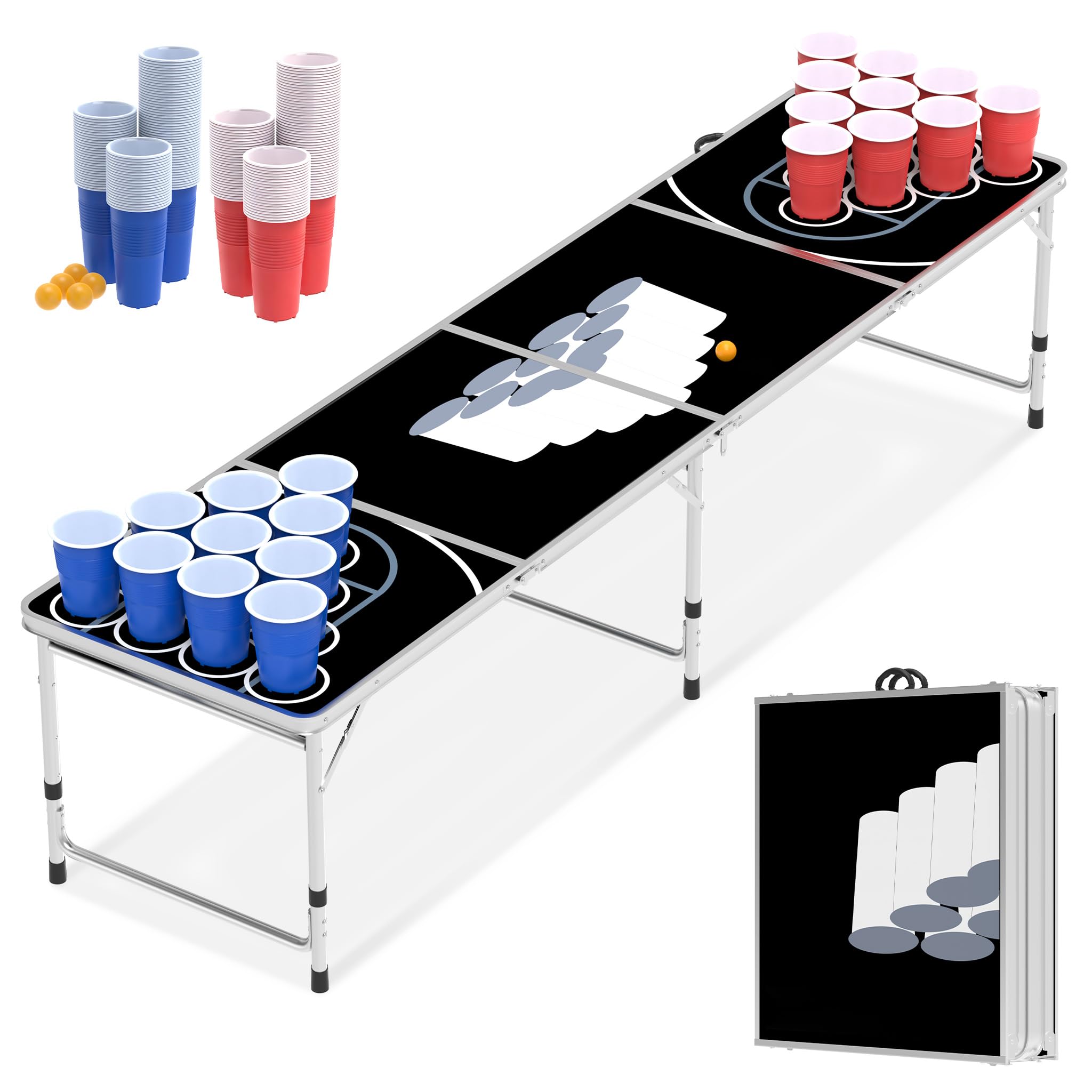 HENGMEI Beer Pong - Set da tavolo pieghevole con 100 bicchieri (50 rossi e 50 blu), 5 palline, giochi di lancio per l'estate e festival, giochi di festa, colore nero
