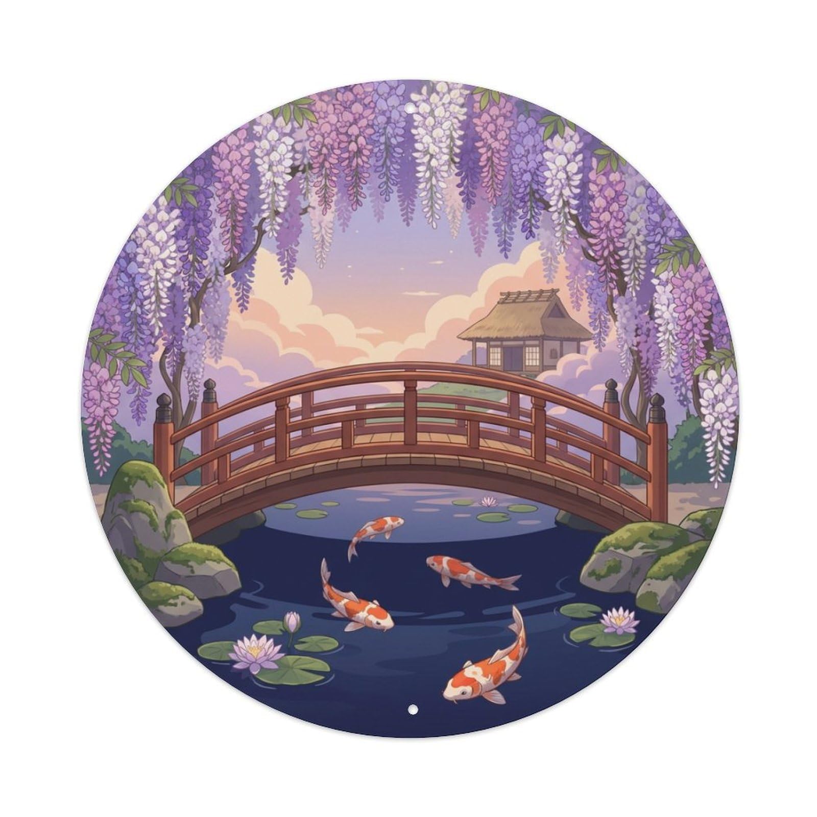 Galvaxio Style Japanese Wisteria Bridge Koi Fish Evening Glow Metal Tin Sign