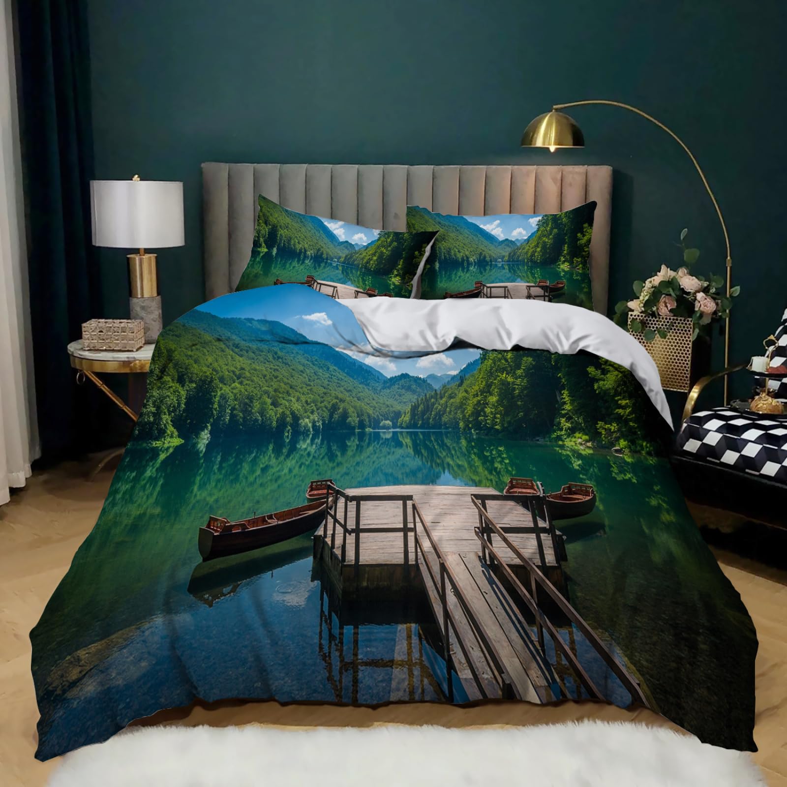 Copripiumino 200X200 Acqua Del Lago Parure Copripiumino Matrimoniale Stampa Copripiumino Una Piazza E Mezza Ragazza,In Microfibra, Con 2 Federa(50X75Cm)