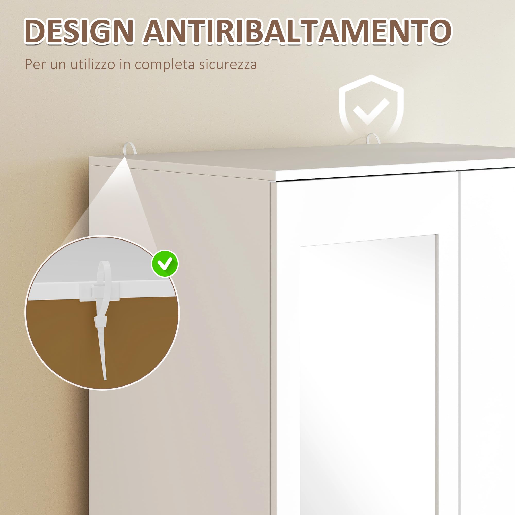 HOMCOM Armadio Moderno Guardaroba 2 Ante con Specchio 80x50x180cm Bianco | 3 Cassetti, Mensole Regolabili, Barra Appendiabiti