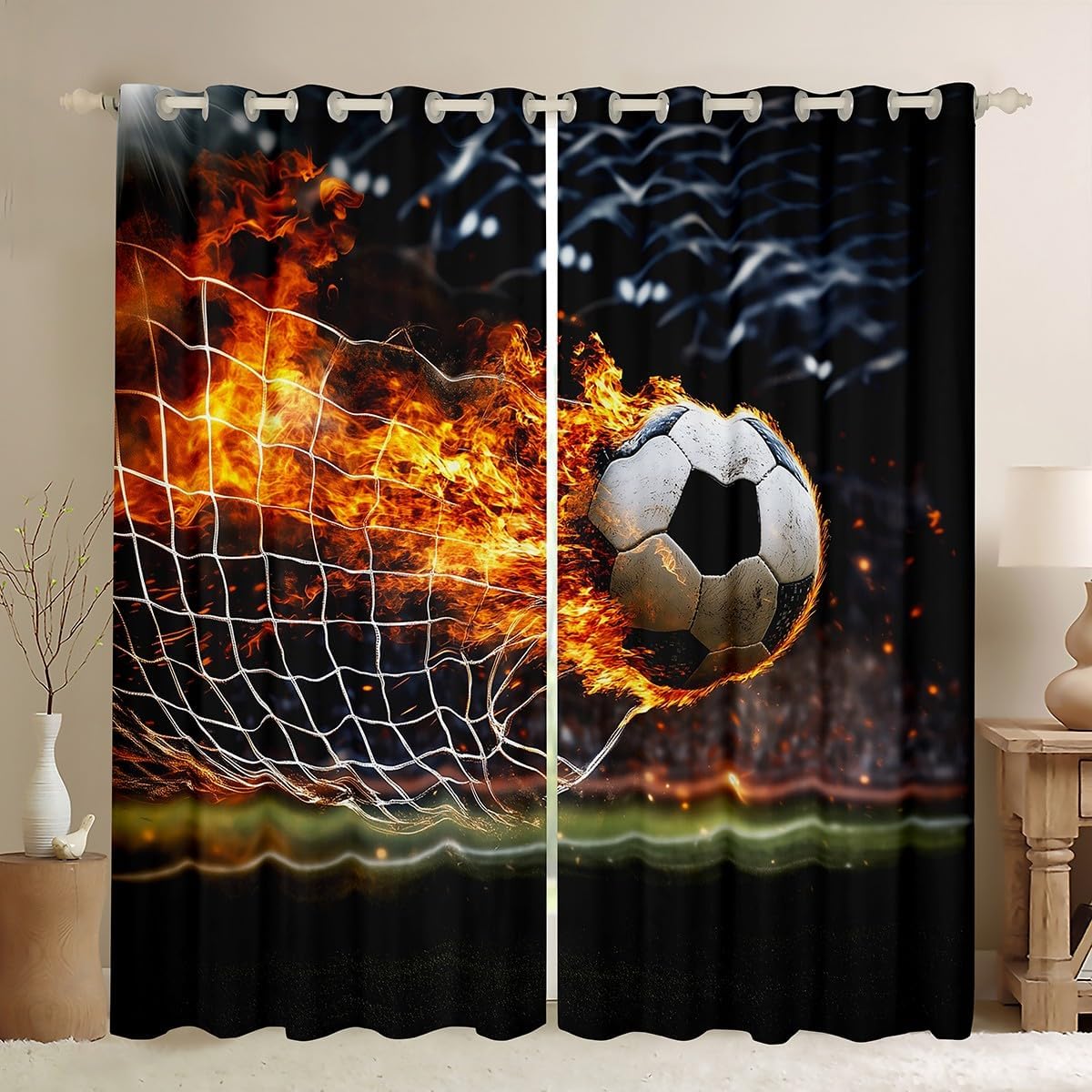 Feelyou Boys Football Curtain Sports Theme Curtains for Kids Teens Burning Soccer Ball Pattern Decor Window Curtain Panels Competitive Games Window Drapes Bedroom Window Treatments 42" X 63"