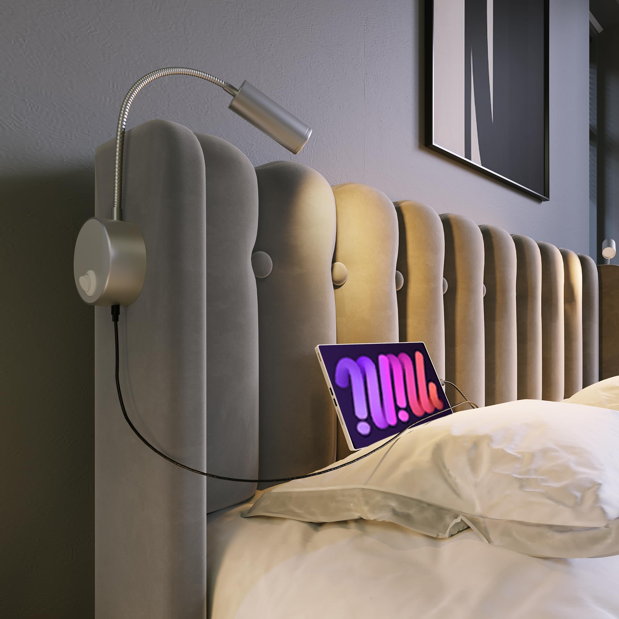 Letto imbottito luce di lettura con funzione di ricarica testiera letto matrimoniale per adulti letti contenitore box con rete a doghe familiare bed per ospiti grigio con materasso 160x200 cm