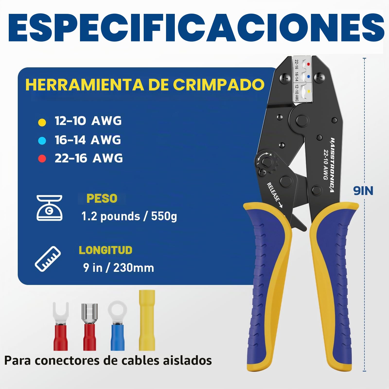 Haisstronica Crimpadora para Terminales Aislados 0,5–6 mm² (AWG22–10), Herramienta de Carraca para Terminales en Anillo Aislados, Conectores de Cable y Empalmes, Alicate de Terminales con Carraca