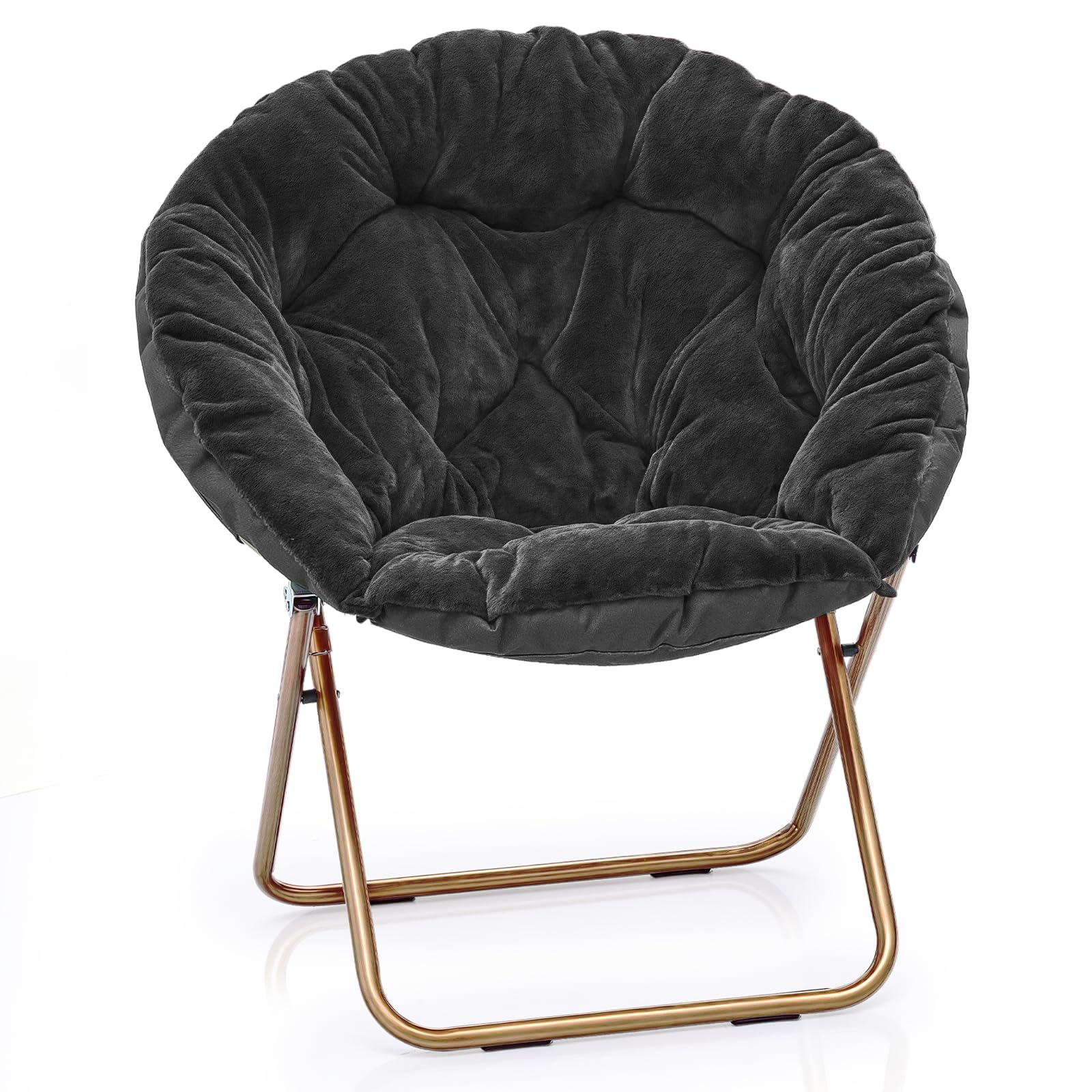 MoNiBloom Round Folding Faux Fur Saucer Chair for Bedroom Living Room Dorm Garden Courtyard Foldable Metal Frame Oversized Large Comfy Furry Padded