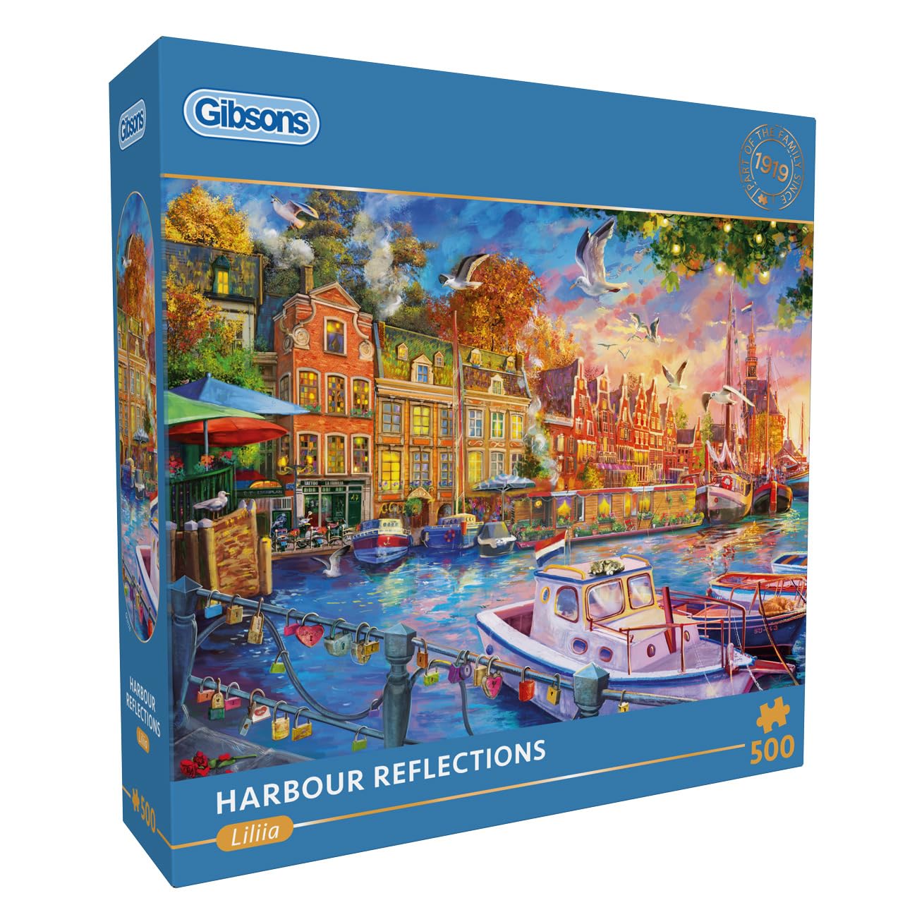 Gibsons Harbour Reflections 500 Piece Jigsaw Puzzle for Adults, Romantic Sunset Blaze Sky & Boats Gently Swaying