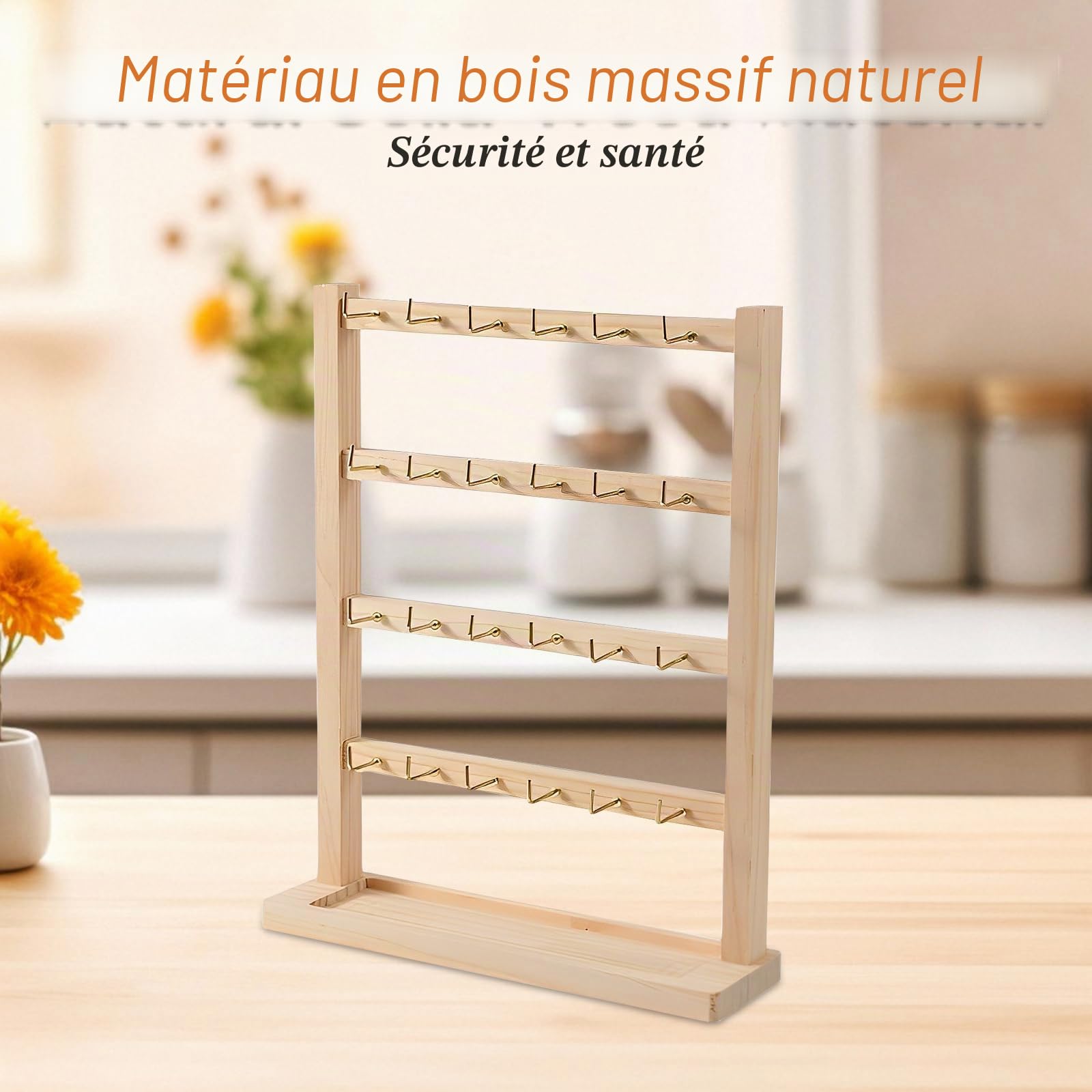 Présentoir de Bijoux, Présentoir à Bijoux en Bois à 4 Niveau Présentoir à Bijoux avec 24pcs Crochets Base en Bois pour Cartes de Boucles d'oreilles Bracelets