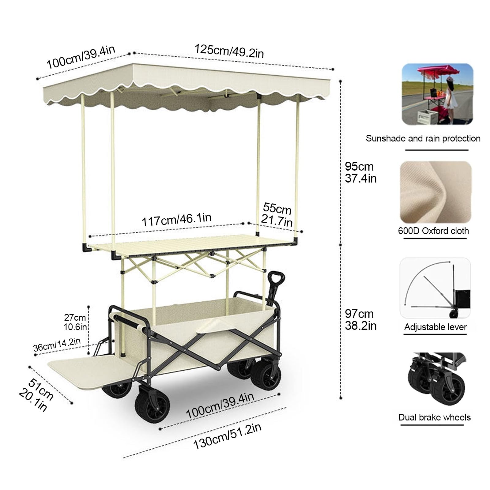 HARELA Genérico Puesto de Mercado con toldo, Móvil de Venta Ambulante de Comida, Carrito De Vendedor De Comida para Puestos Callejeros, Ferias De Artesanía(Beige)
