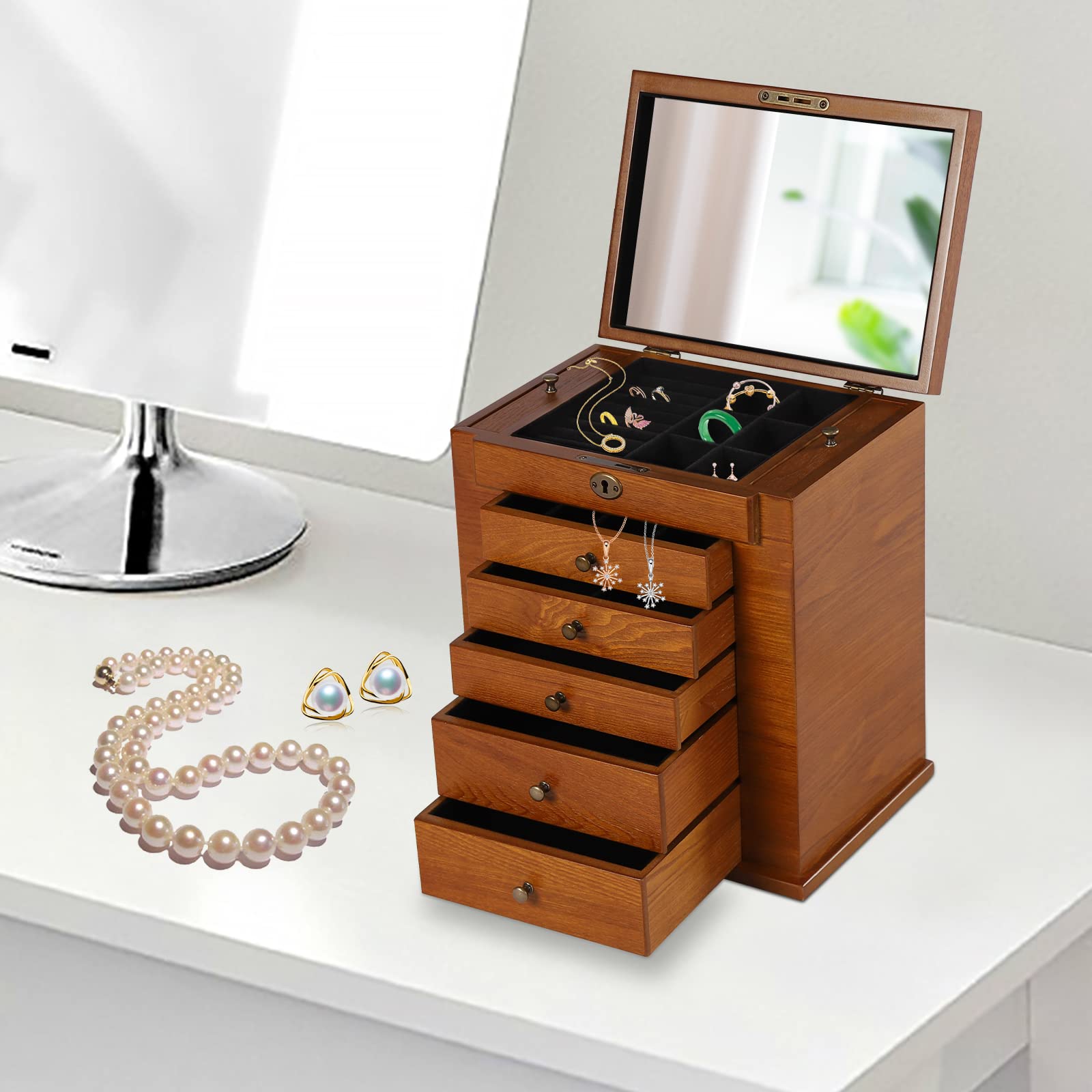 Joyero de 6 niveles con cierre y forro de terciopelo para organizador de joyas de madera con 5 cajones