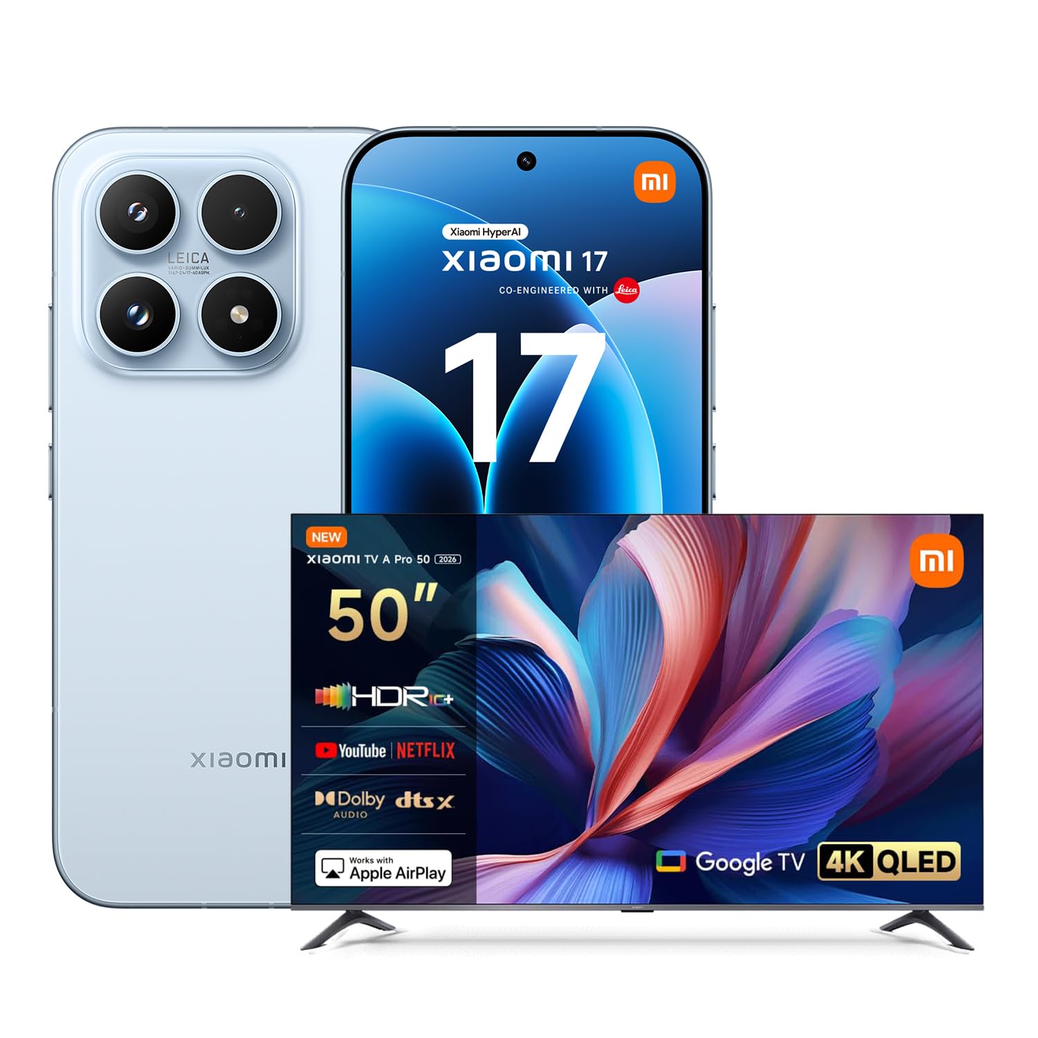 XIAOMI 17, Smartphone 12+512GB, Lenti Leica Summilux, Sensore Light Fusion 950, Batteria 6330 mAh, HyperAI, Ice Blue, Garanzia 2 anni+1 anno extra, Caricatore non incluso+TV A Pro QLED 50"