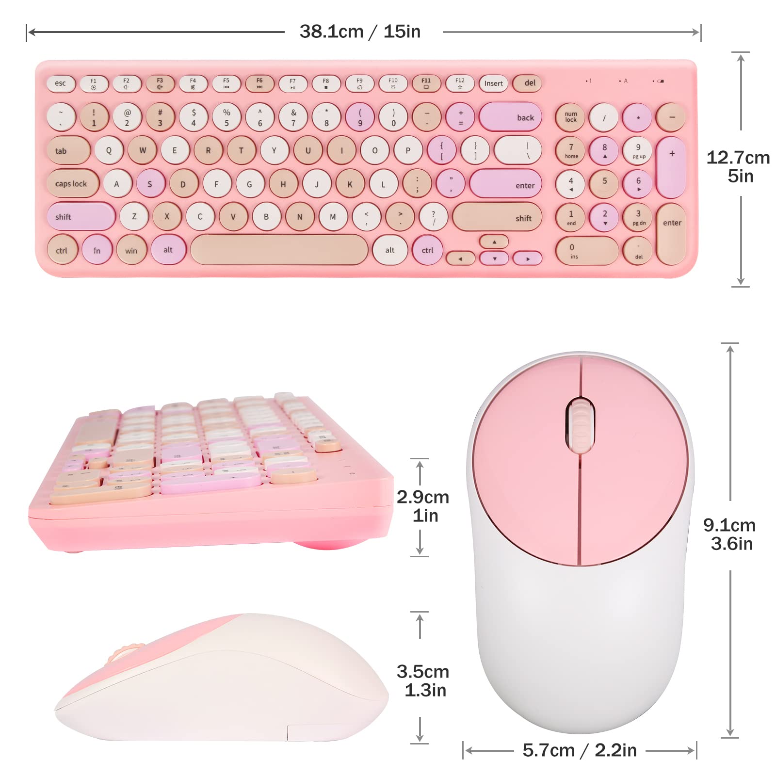 Wireless Keyboard and Mouse Combo, Retro Typewriter Wireless Keyboard with Round Keycaps, 2.4GHz Full-Size USB Cute Wireless Keyboard Mouse for Computer, Desktop, Laptop and Computer (Pink-Colorful)