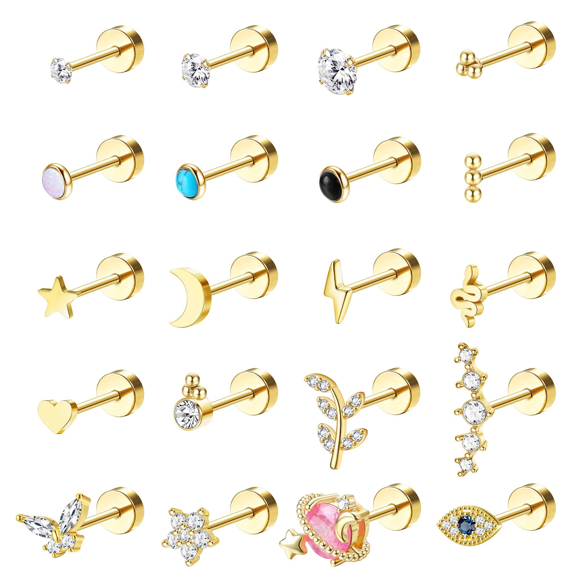 LOLIAS 14K Piercing Oreja Acero Quirurgico Pendientes de Oro para Mujeres Hombres Hipoalergénicos Estrella Piedra Lunar Pendientes Cartílago Piercing CZ Pendientes Dorados Mujer 20G