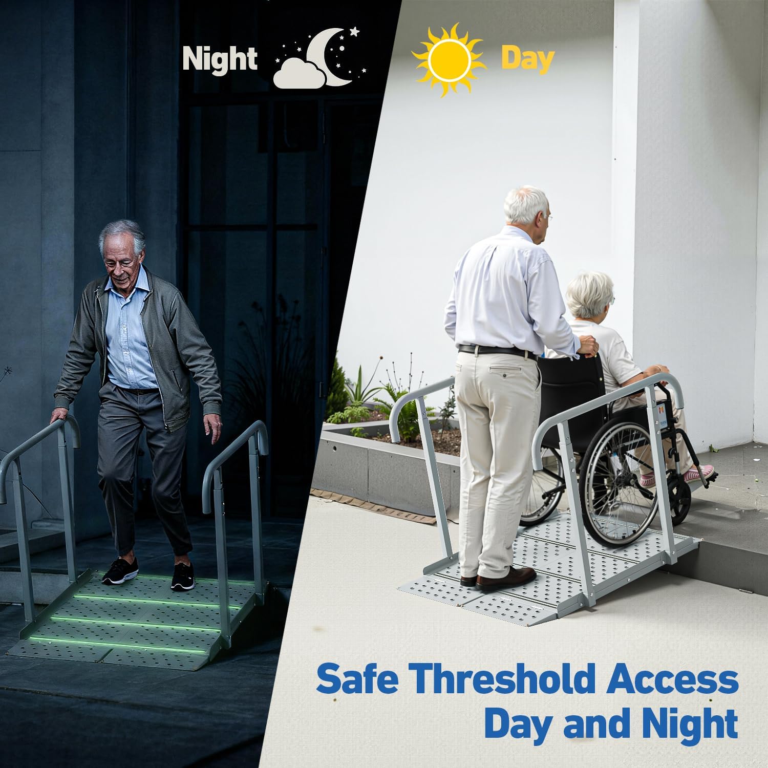 Wheelchair Ramp with Handrails, Heavy Duty Mobility Ramp for Steps & Curbs, Up to 770lbs Capacity, Non-Slip Surface with Reflective Strips for Wheelchairs and Walkers, 39" L x 32" W