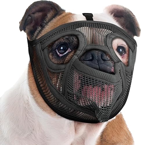 Mayerzon Bozal corto para perro, bozal de bulldog francés con diseño de lengua para evitar comer mordeduras y lamer, bozal de malla para perro Shih