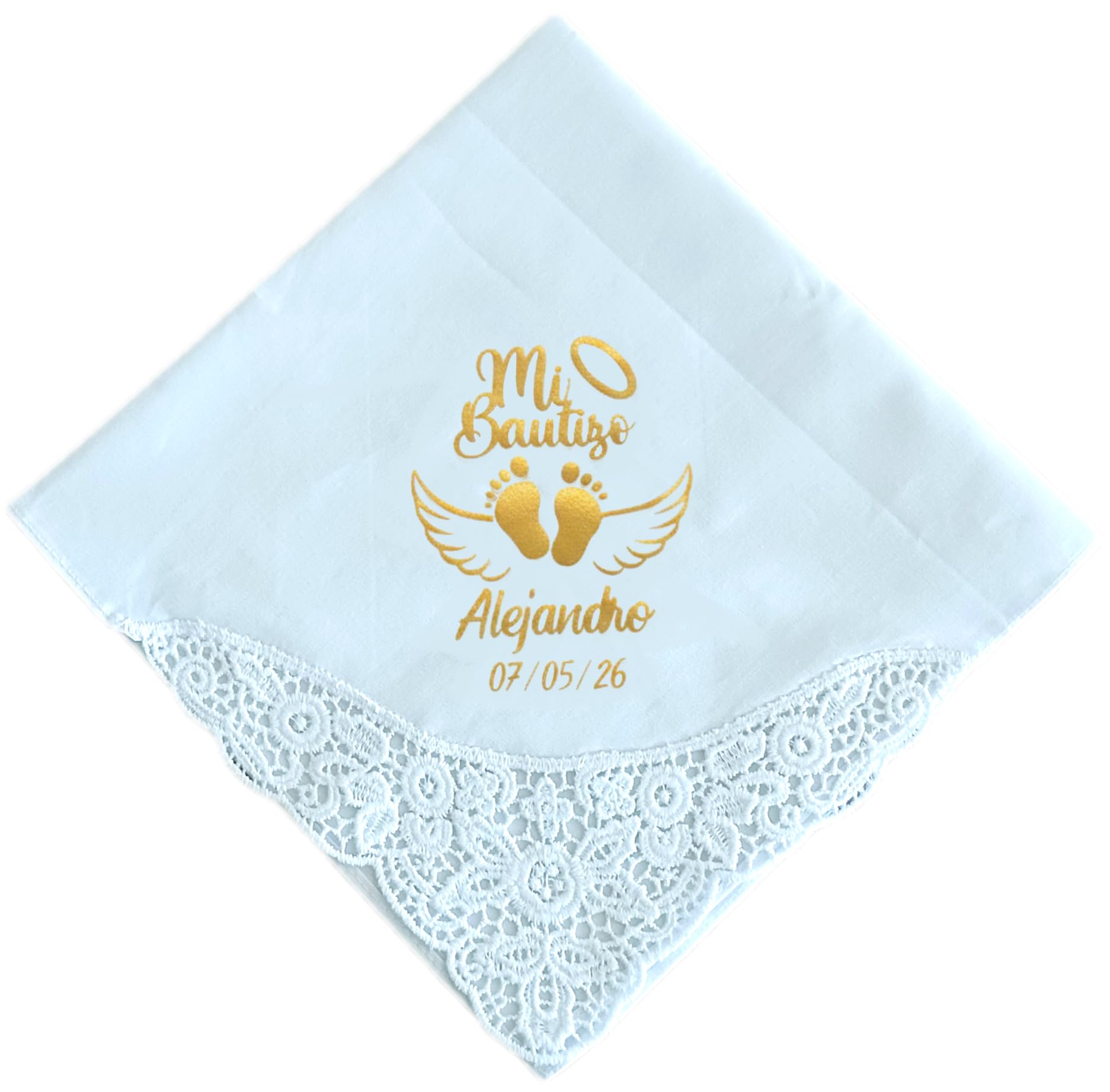Pañuelo para Bautizo Personalizado con Nombre y Fecha, 35x35cm. | Puntilla en una esquina, Color Blanco, 1 Unidad