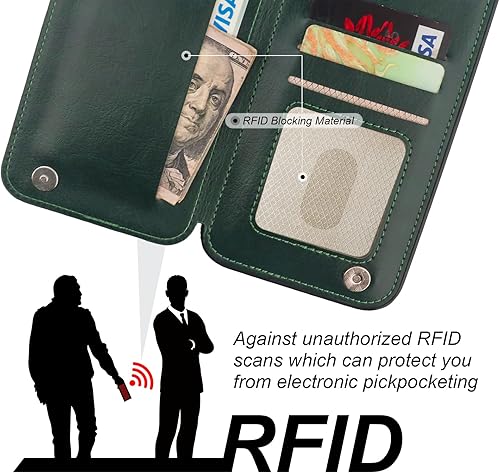 Miniatura 6 de Funda tipo cartera para iPhone 13 Pro Max con soporte para tarjetas, anillo de rotación de 360, función atril, bloqueo RFID, piel sintética, doble