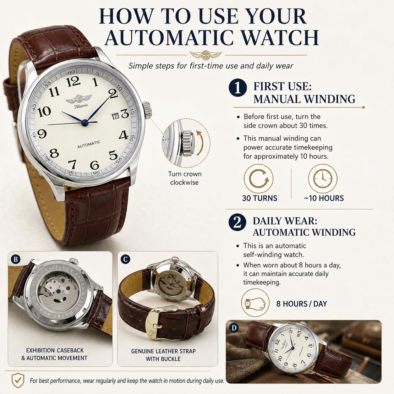 MASTOP Men's Classic Automatic Mechanical Day Calendar Luxury Leather Band Watch
