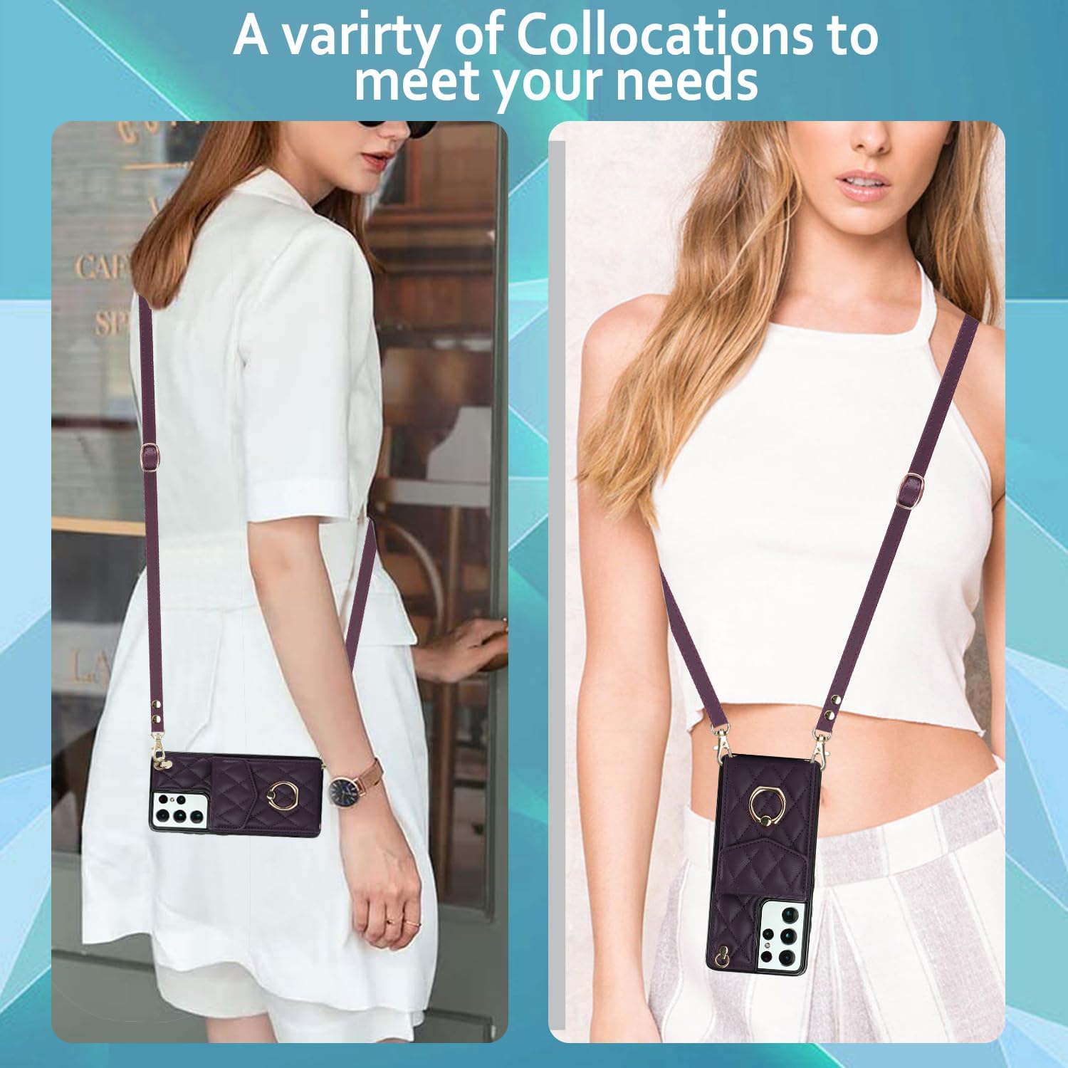 Phone Case for Samsung Galaxy S21 Ultra 5G Wallet Cover with Tempered Glass Screen Protector Wrist Strap Ring Stand RFID Blocking Card Holder Cell S21ultra 21S S 21 21ultra G5 Women Girls Dark Purple