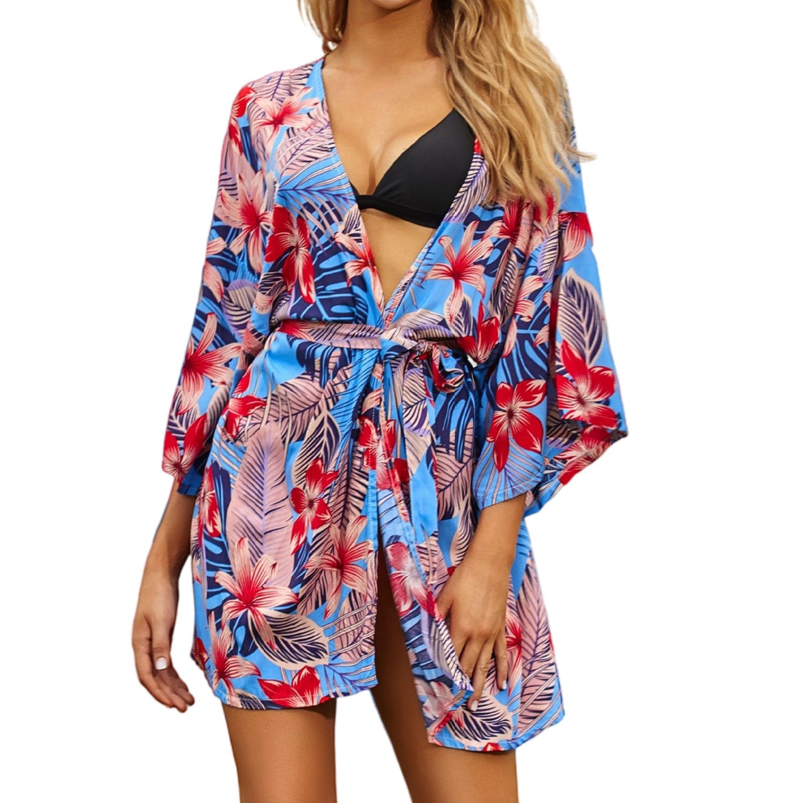 Jarseila Kimono de Playa Mujeres Cárdigan Vestido de Largo Medio Verano Caftán de Playa Bohemia Bohemia Bikini Cubrir Casual Ropa de Playa 2023