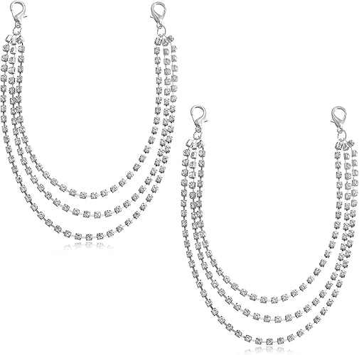 2 Pcs Layered Glitter Rhinestone Shoelace Charms Triple Layers Tassel Crystal Boot Chain with Clasp Sneaker Chain Jewelry Accessories for Women Ladies Christmas Gift, Silver